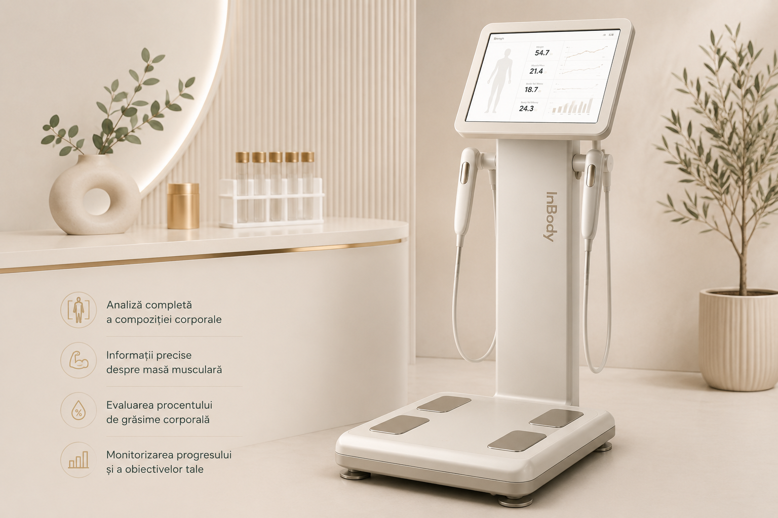 Analiză InBody – primul pas către un plan nutrițional personalizat Aparat InBody pentru analiza compoziției corporale în cadrul consultației de nutriție.