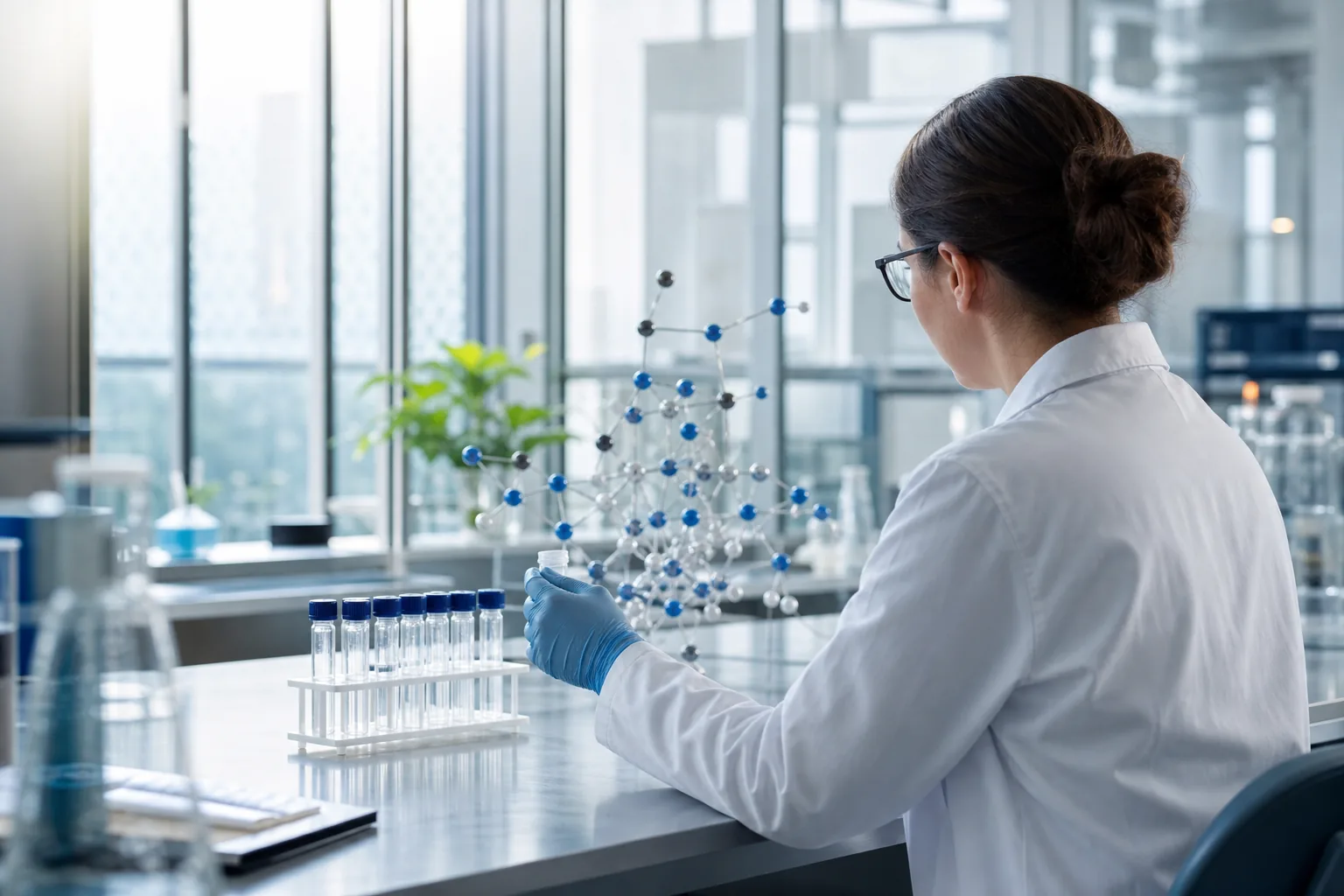 Cercetătoare într-un laborator biomedical examinează eprubete și un model molecular, sugerând validarea atentă a datelor.