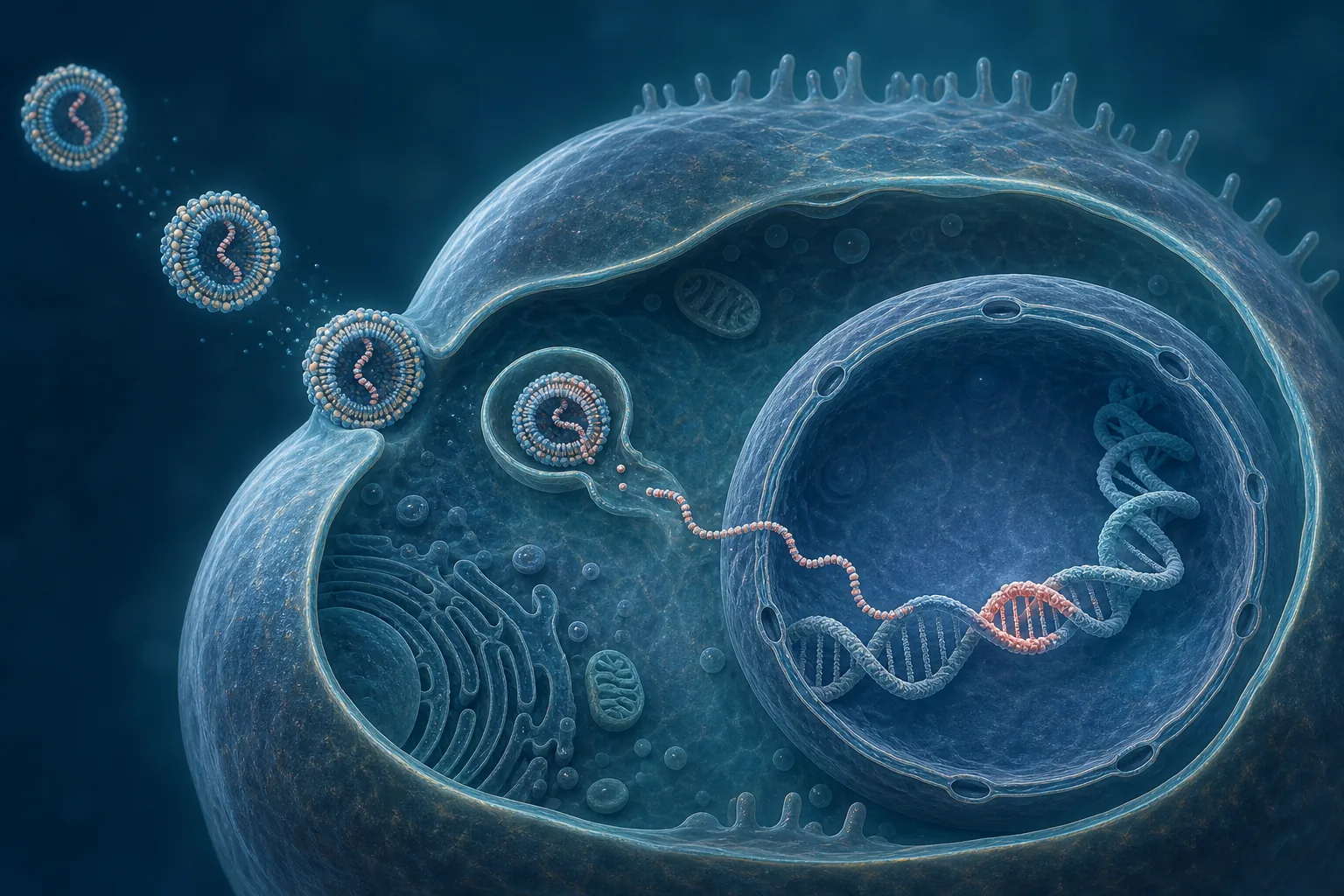 Reprezentare a unei celule hepatice, cu nanoparticule lipidice și ADN, pentru explicarea cercetării de editare a genei ANGPTL3.