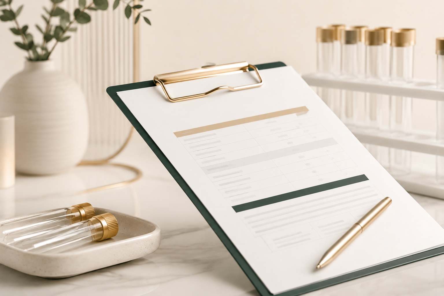Interpretare analize medicale – Clinica Balcangiu Stroescu Clipboard cu rezultate ale analizelor medicale, eprubete de laborator și instrumente medicale într-un decor modern și elegant.