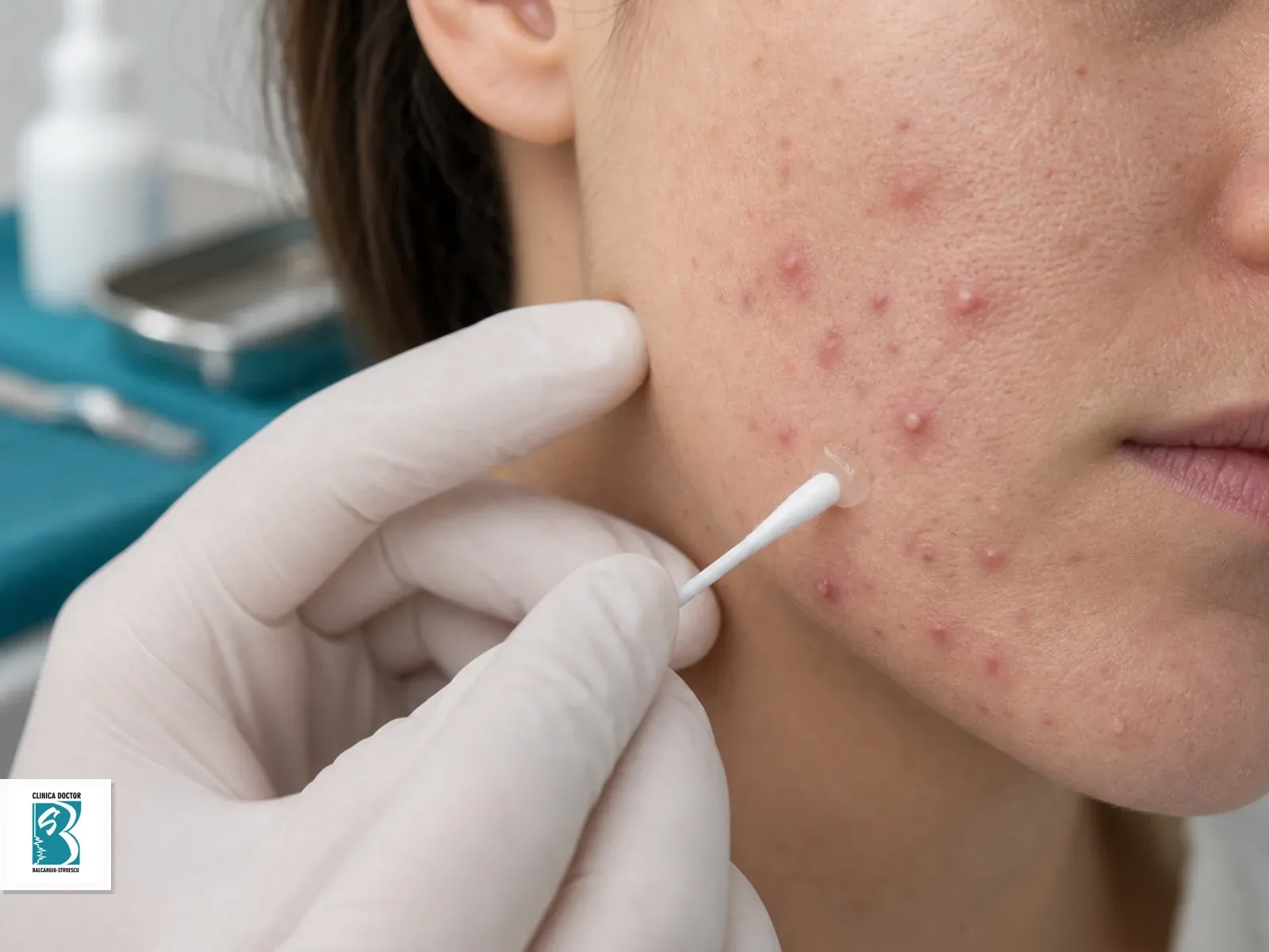 Acnee si leziuni acneice - consultatie medic primar Aplicarea controlata a unui gel dermatologic langa leziuni acneice active