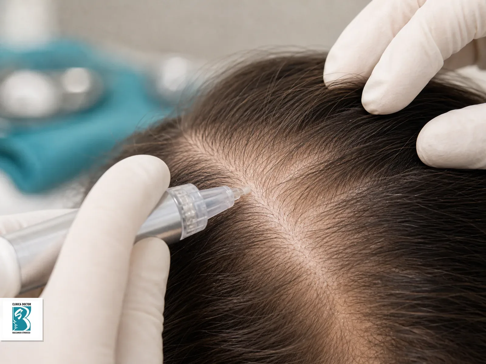 Aplicator medical pozitionat deasupra scalpului pentru plan de regenerare capilara