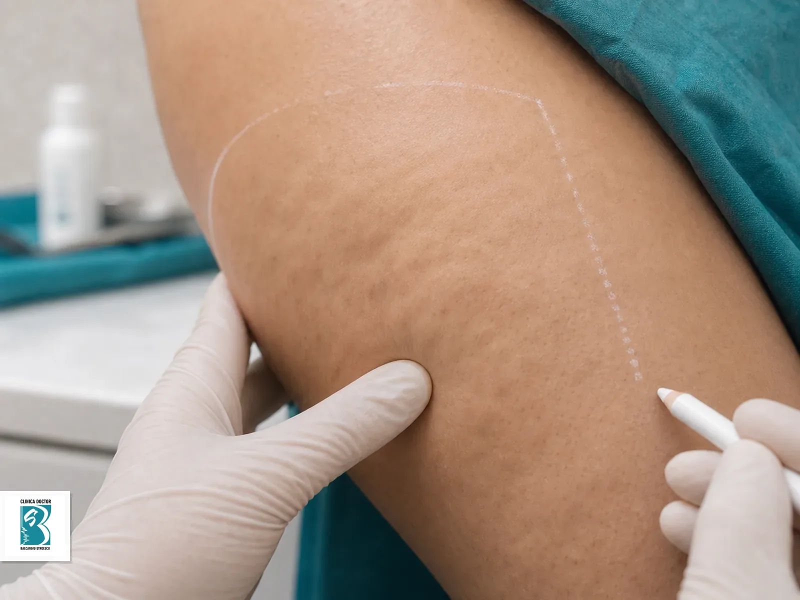 Celulita coapse, abdomen si fese - consultatie medic primar Evaluarea texturii pielii cu celulita pe o zona corporala marcata medical