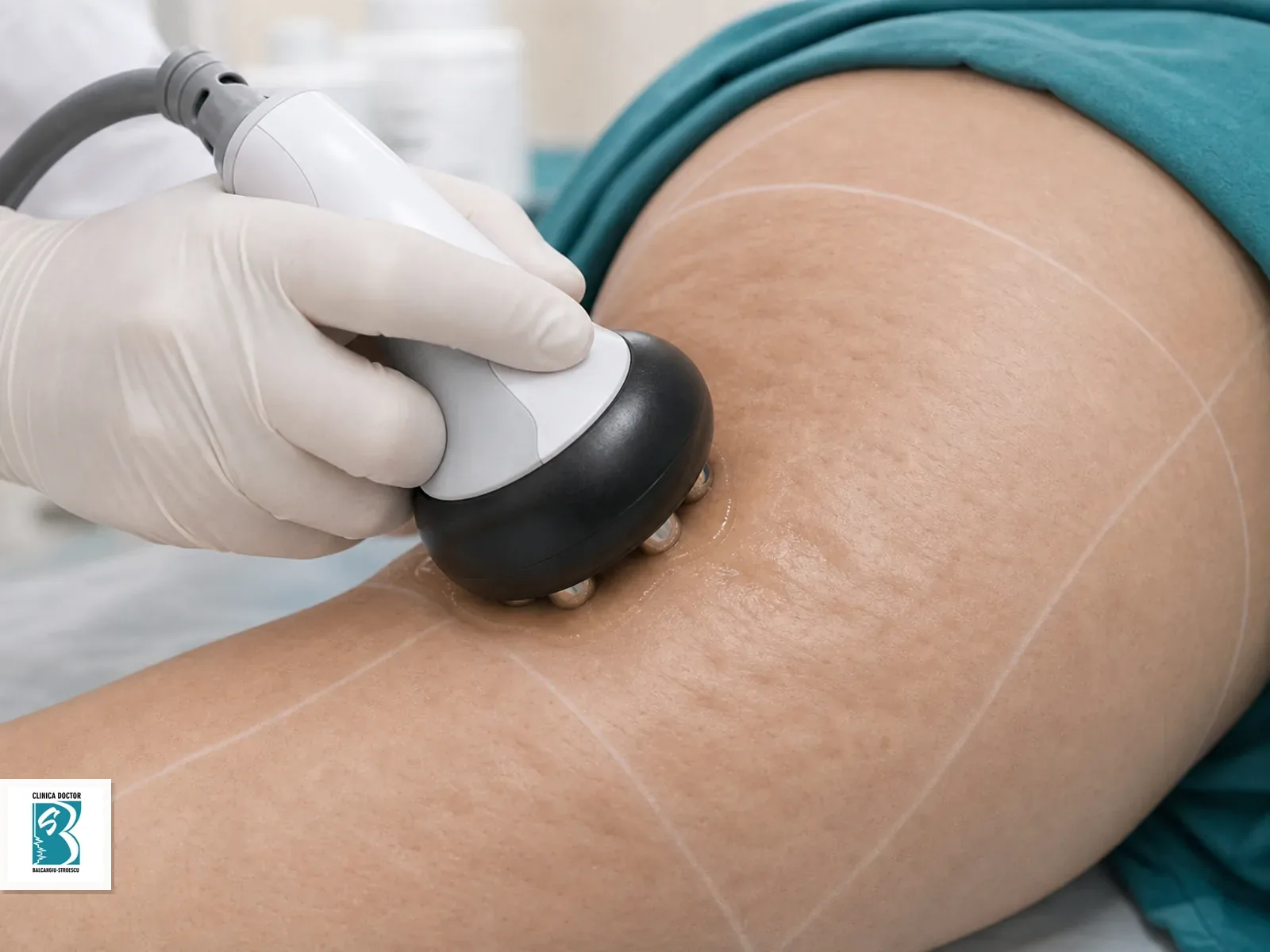 Celulita coapse, abdomen si fese - consultatie medic specialist Piesa de radiofrecventa aplicata pe piele cu celulita si gel conductor