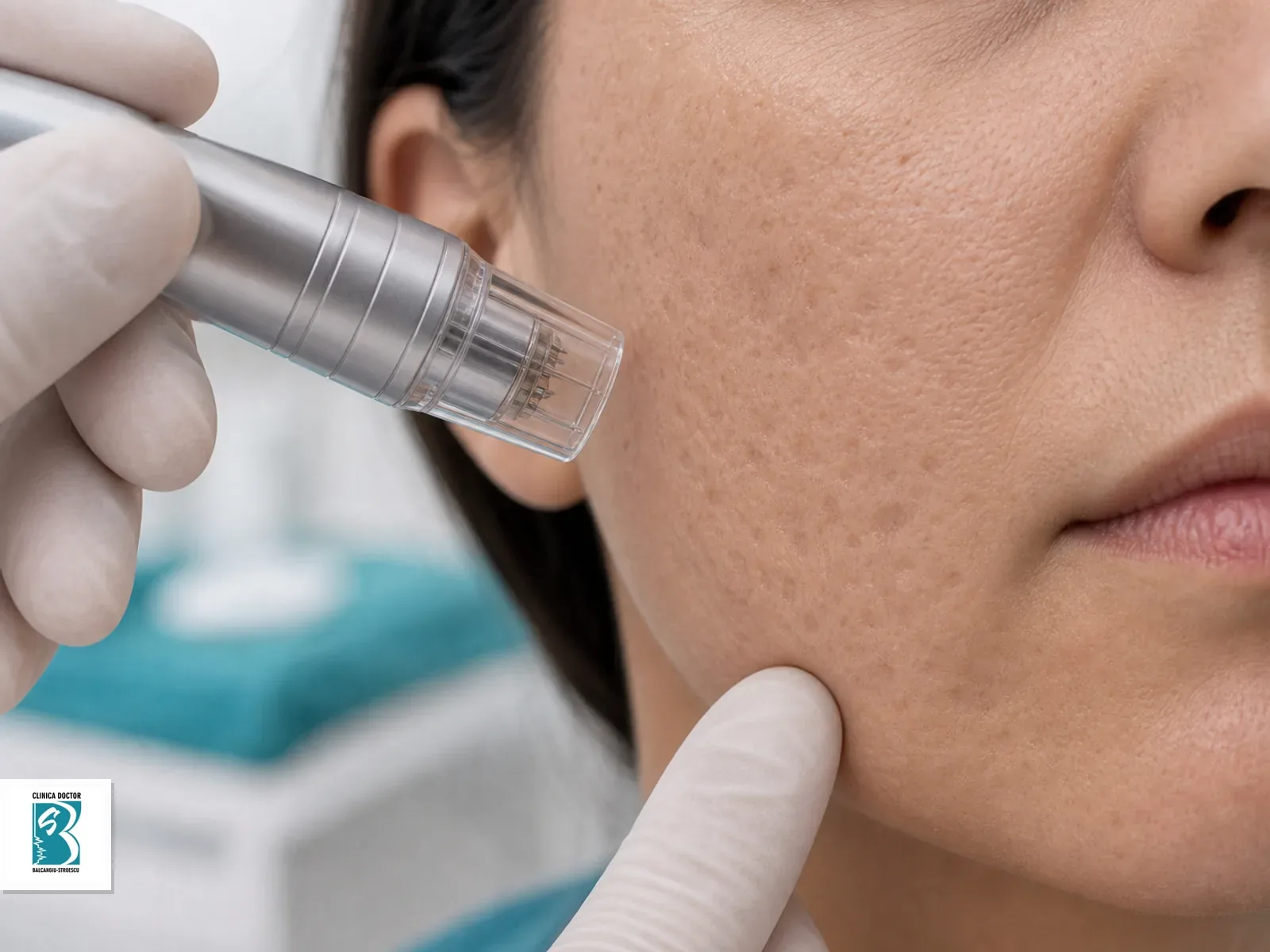 Cicatrici post-acneice si cicatrici faciale - consultatie medic primar Piesa de resurfacing pozitionata deasupra cicatricilor post-acneice superficiale