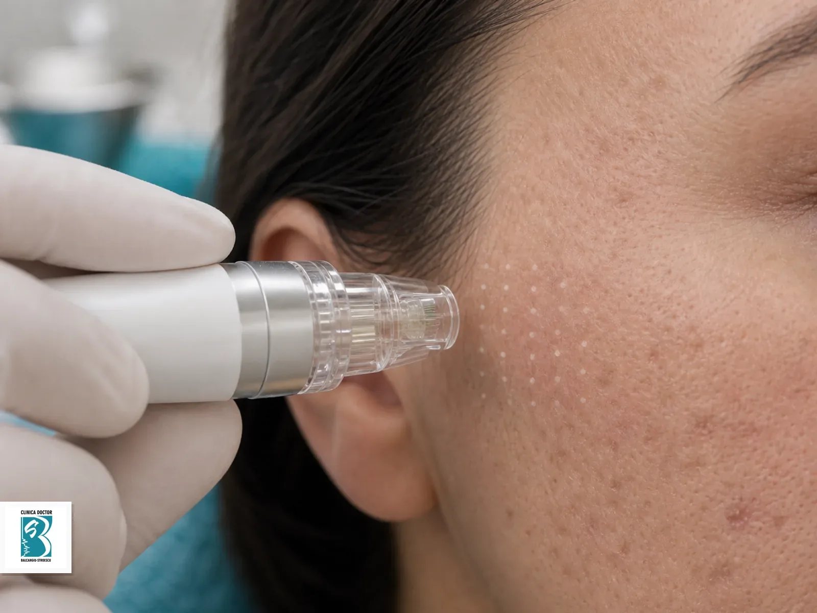 Cicatrici post-acneice si cicatrici faciale - consultatie medic specialist Dispozitiv de microneedling pozitionat langa cicatrici faciale cu marcaje de tratament