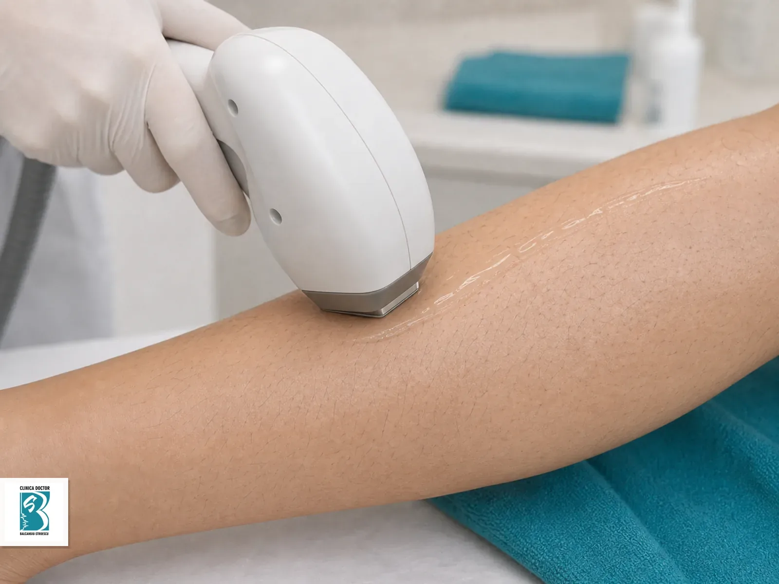 Epilare definitiva si par nedorit - consultatie medic primar Piesa de epilare laser pozitionata pe pielea gambei cu fire de par vizibile