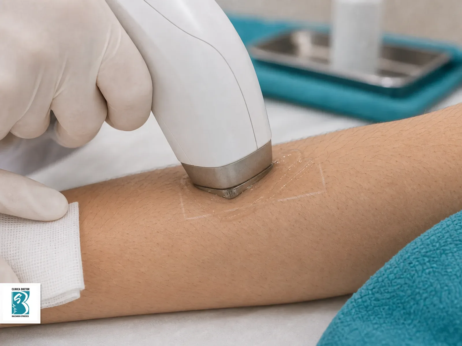Piesa de epilare laser aplicata pe antebrat cu fire fine de par si gel protector