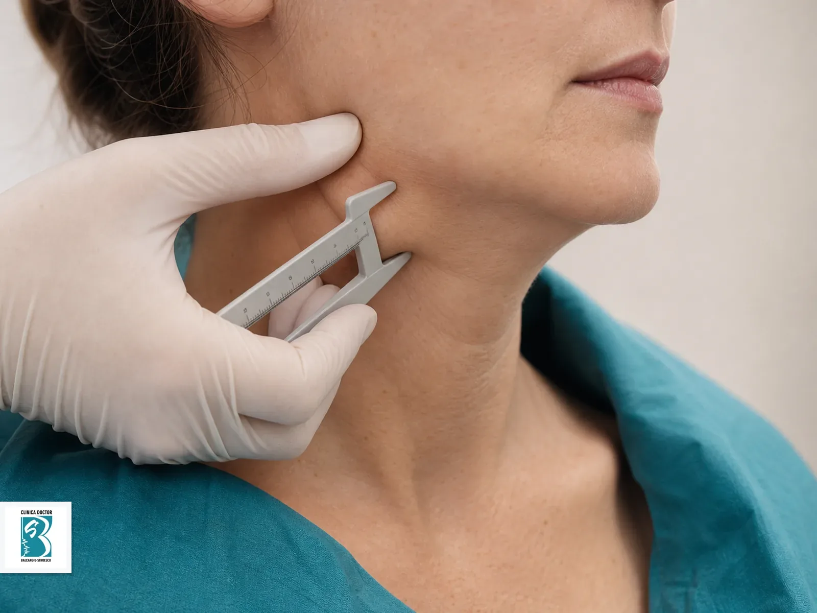 Laxitate faciala si piele lasata - consultatie medic primar Evaluarea laxitatii pielii pe linia mandibulara cu compas medical