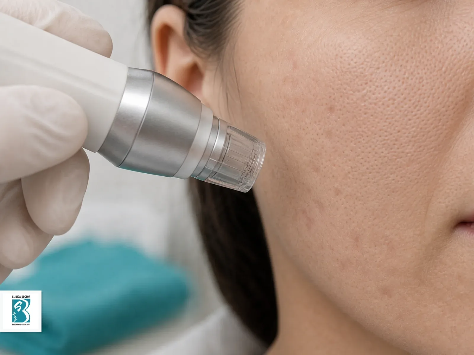 Pori dilatati si textura neuniforma - consultatie medic specialist Piesa de resurfacing fractionat pozitionata deasupra pielii cu pori dilatati