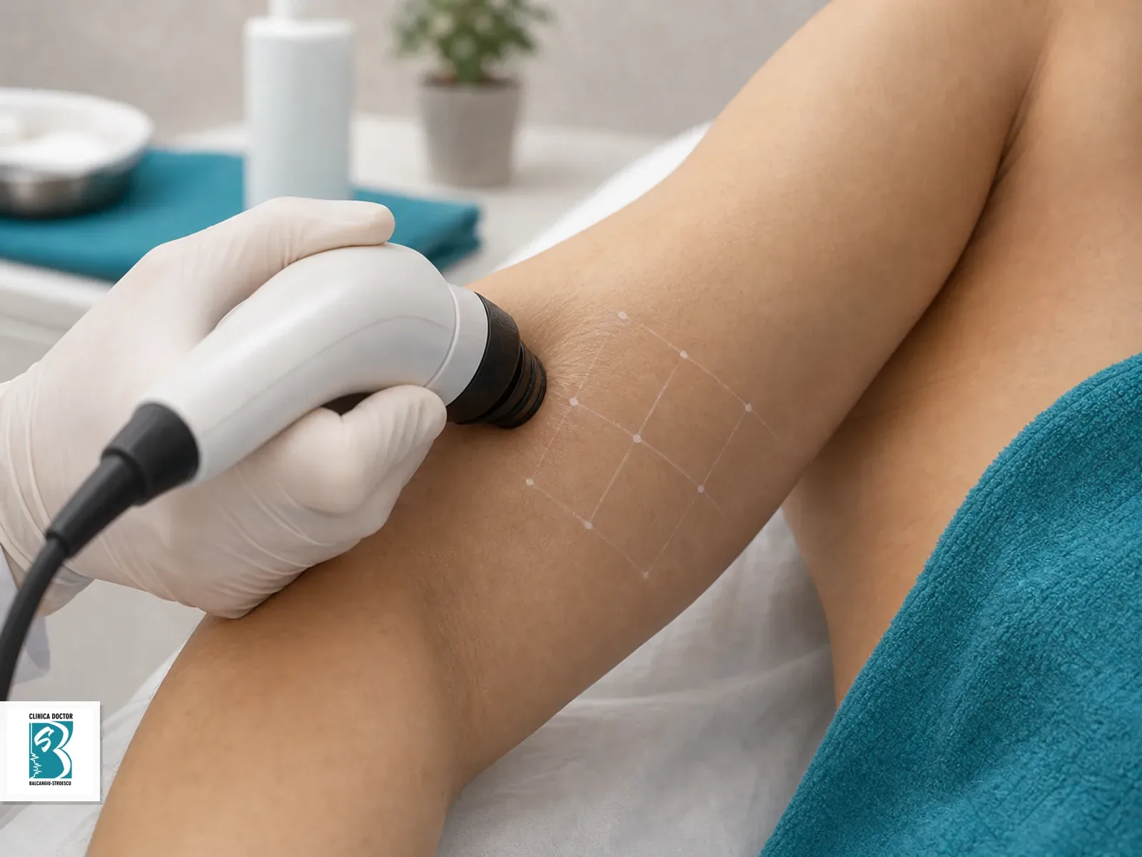 Remodelare corporala non-chirurgicala - consultatie medic specialist Piesa de radiofrecventa corporala aplicata pe zona marcata pentru remodelare
