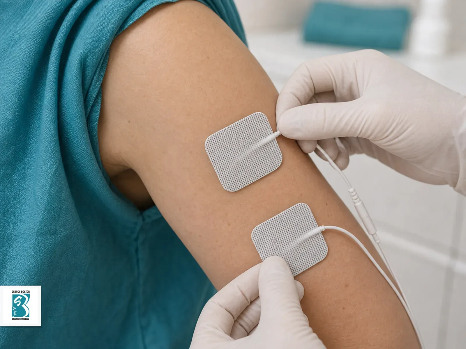Tonus muscular scazut - consultatie medic specialist Electrozi EMS pozitionati pe brat pentru evaluarea tonusului muscular