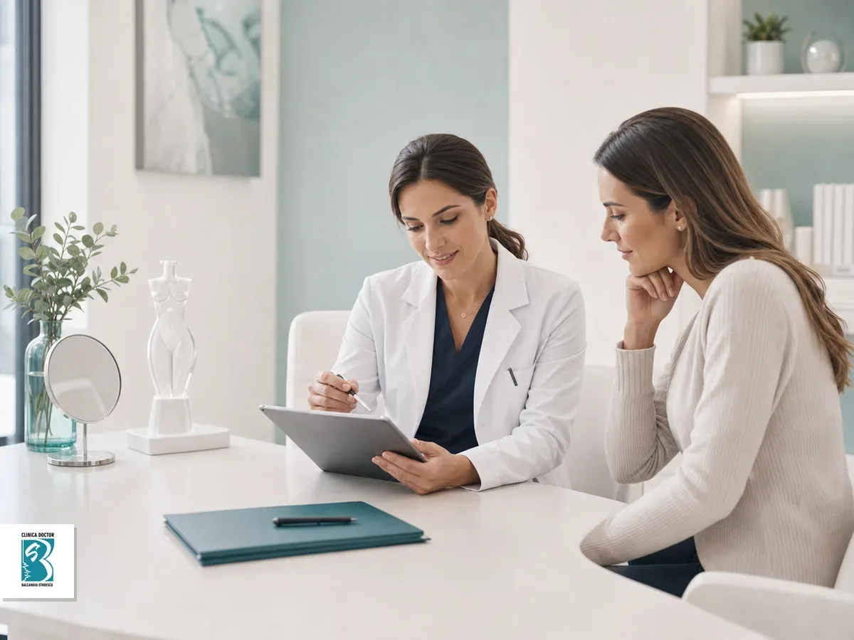 Chirurg plastician discuta optiunile medicale cu un pacient intr-un cabinet premium
