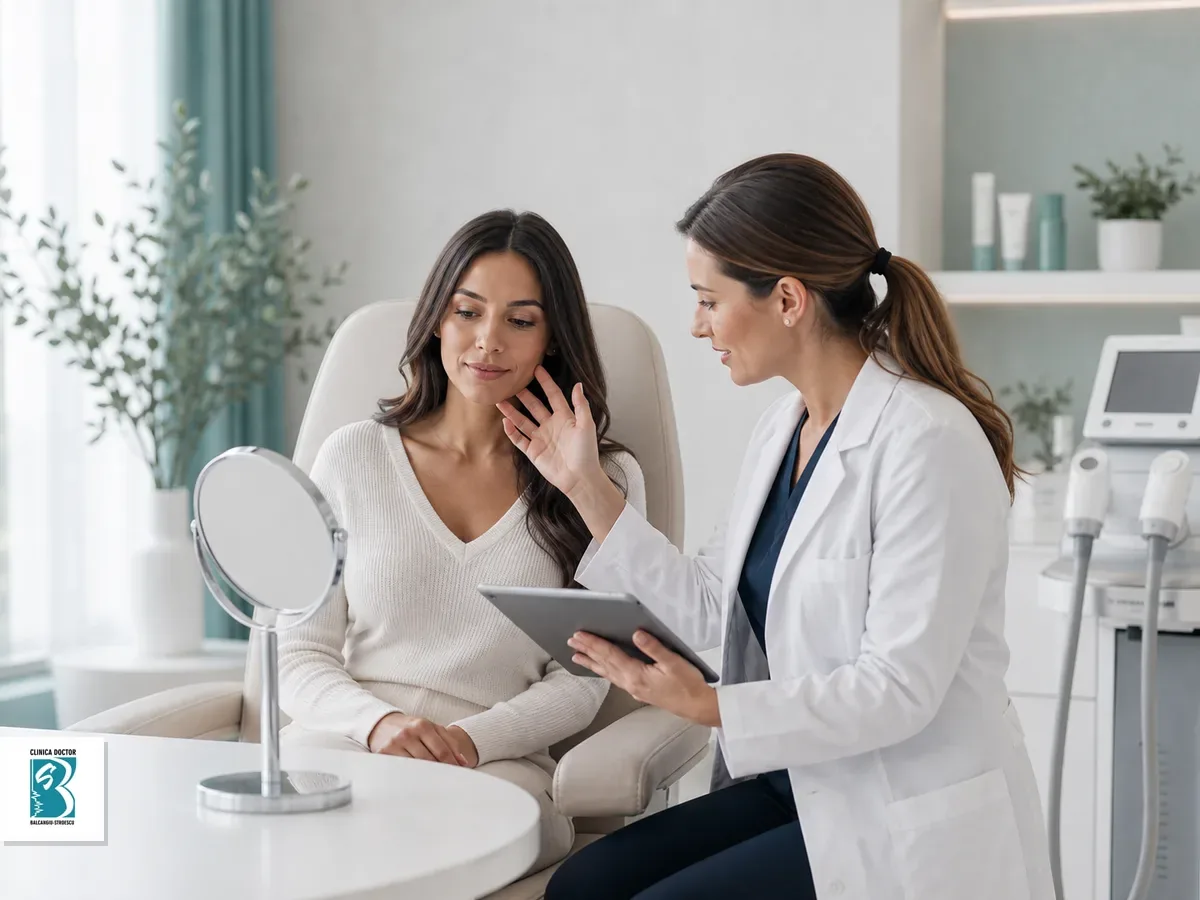 Medic si pacienta analizeaza optiuni dermato-estetice naturale intr-o clinica moderna
