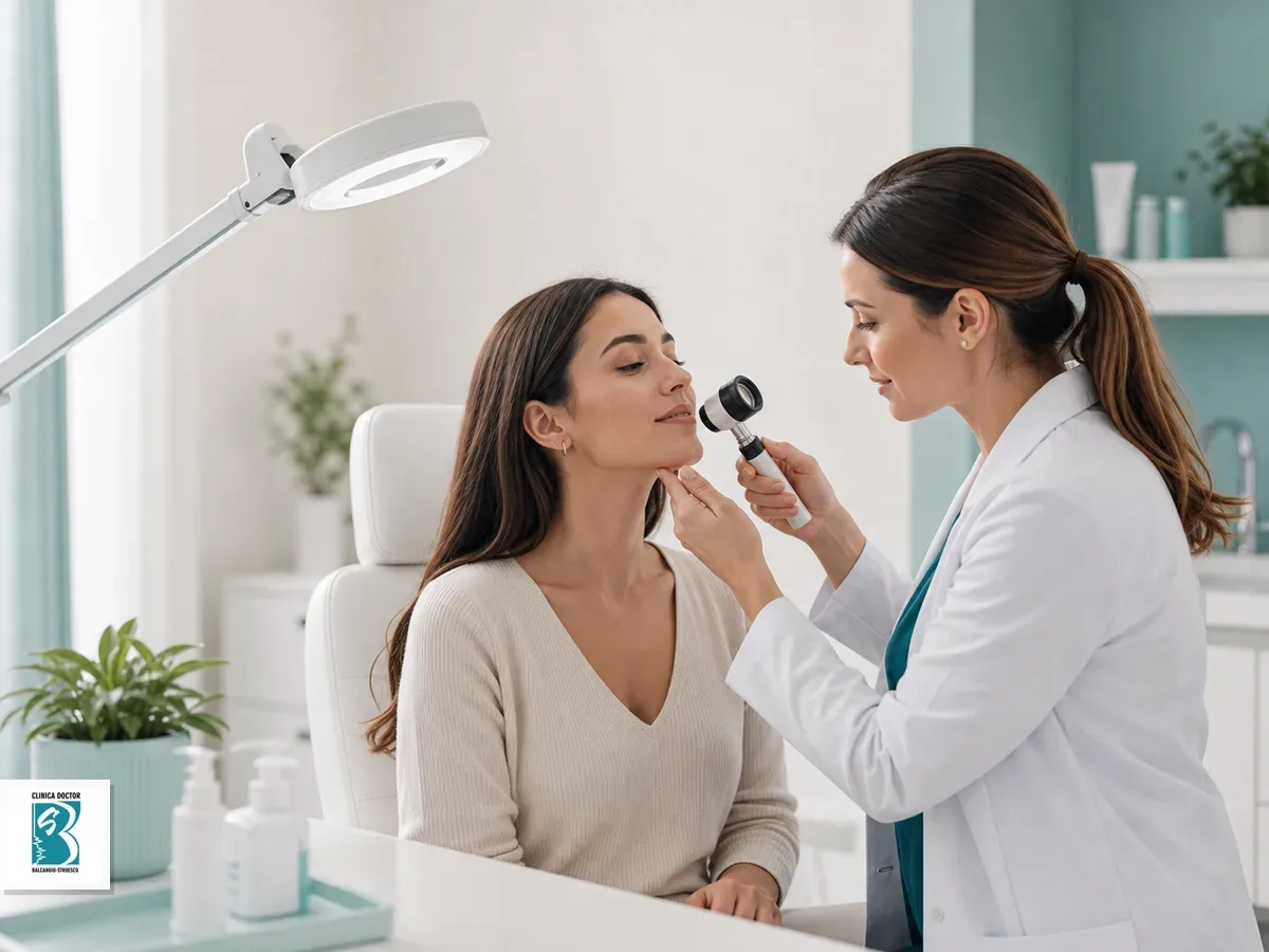 Medic dermatolog evalueaza pielea pacientei intr-o consultatie clinica moderna