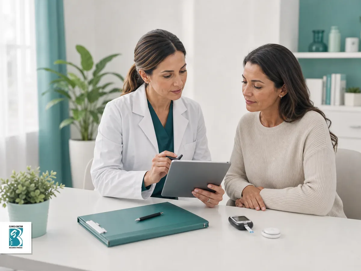 Medic si pacient analizeaza monitorizarea glicemiei intr-o consultatie pentru diabet zaharat