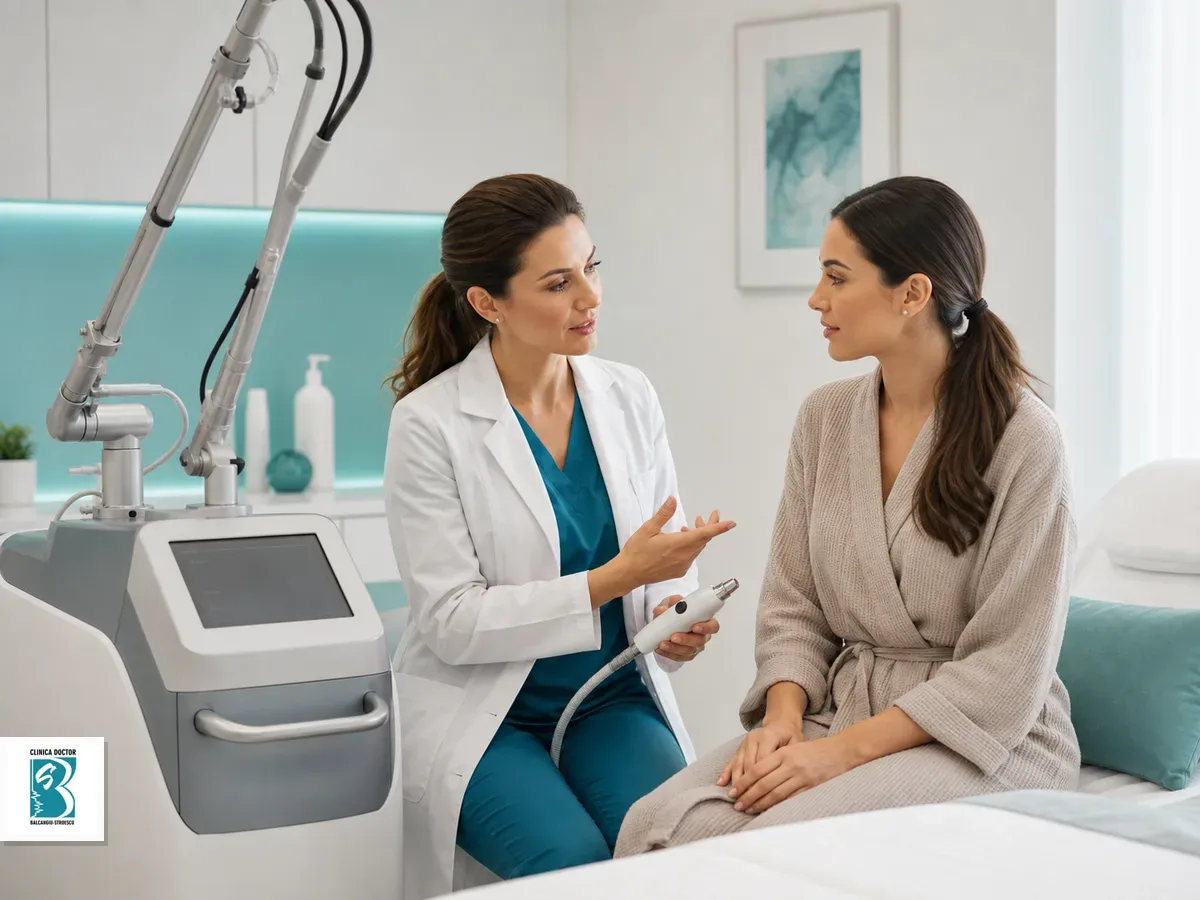 Medic prezinta pacientei un echipament laser dermatologic intr-o sala clinica moderna