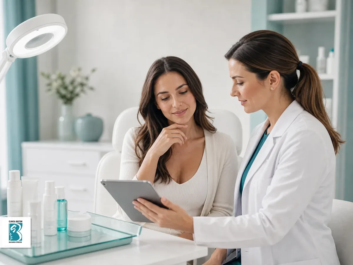 Medic discuta cu pacienta despre imbunatatirea calitatii pielii si hidratare intr-un cabinet medical