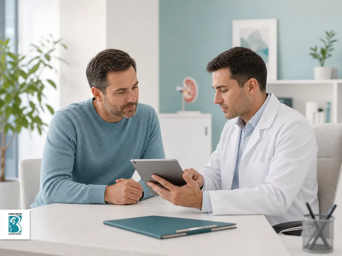 Medic urolog si pacient discuta rezultatele medicale intr-un cabinet clinic discret