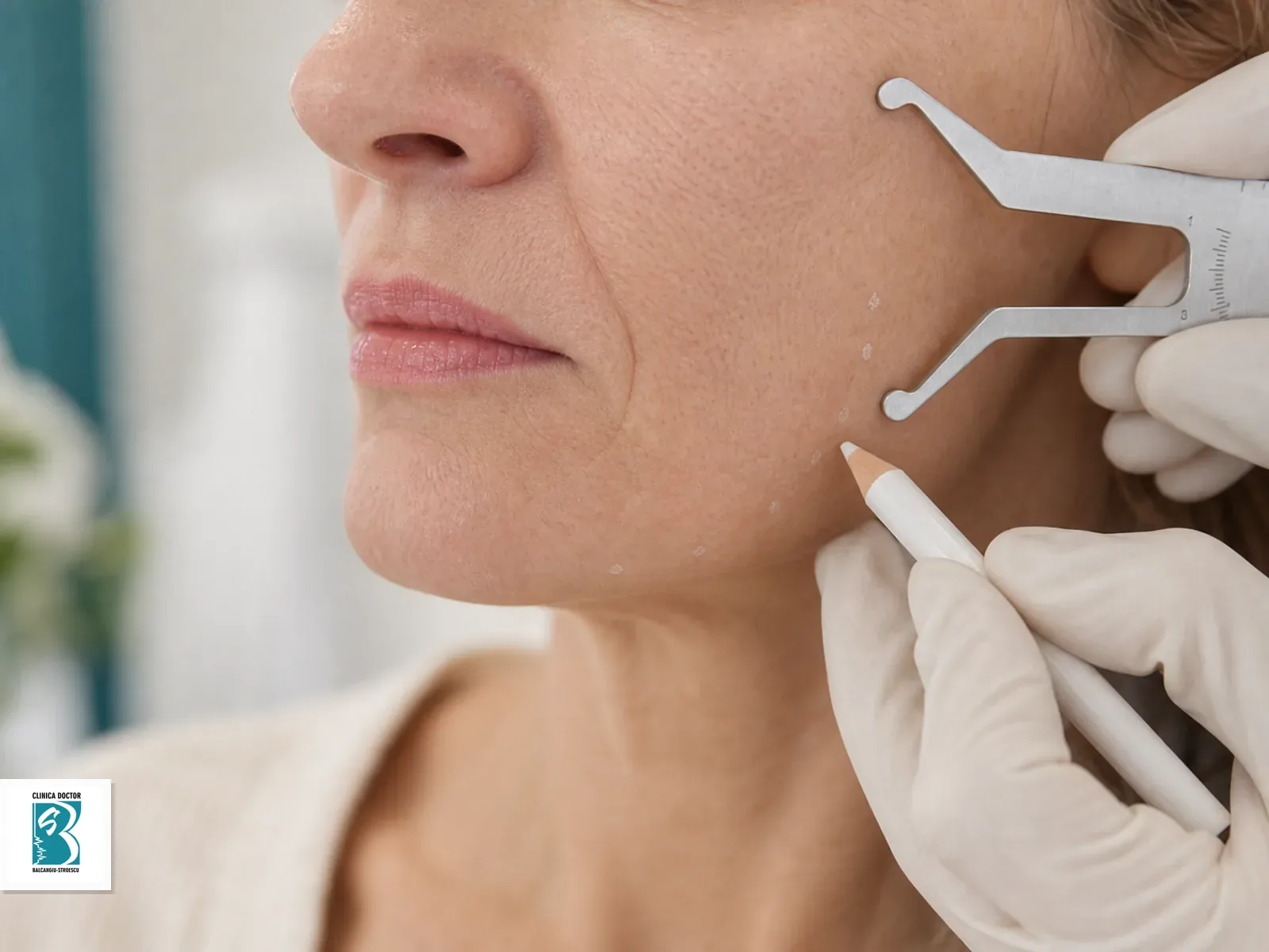 Consultatie dermato-estetica medic primar chirurgie plastica Evaluarea conturului mandibular si a laxitatii pielii cu compas facial si creion dermografic