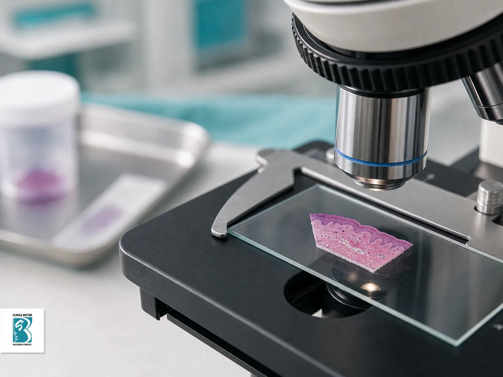Analiza histopatologica leziune cutanata Lama de microscop pregatita pentru analiza histopatologica a unei biopsii cutanate