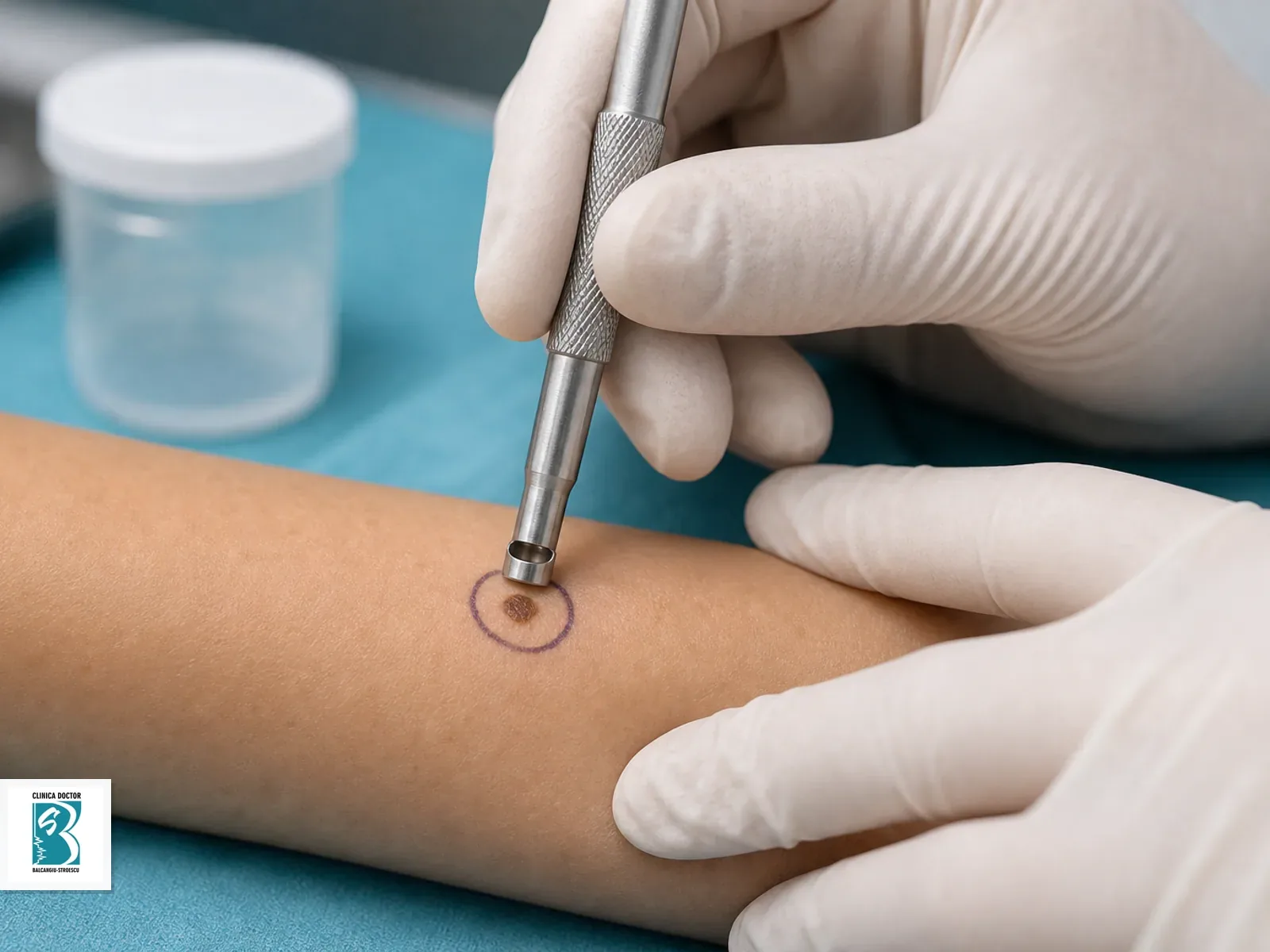 Biopsie cutanata prelevare Instrument de punch biopsy pozitionat pe o leziune cutanata marcata