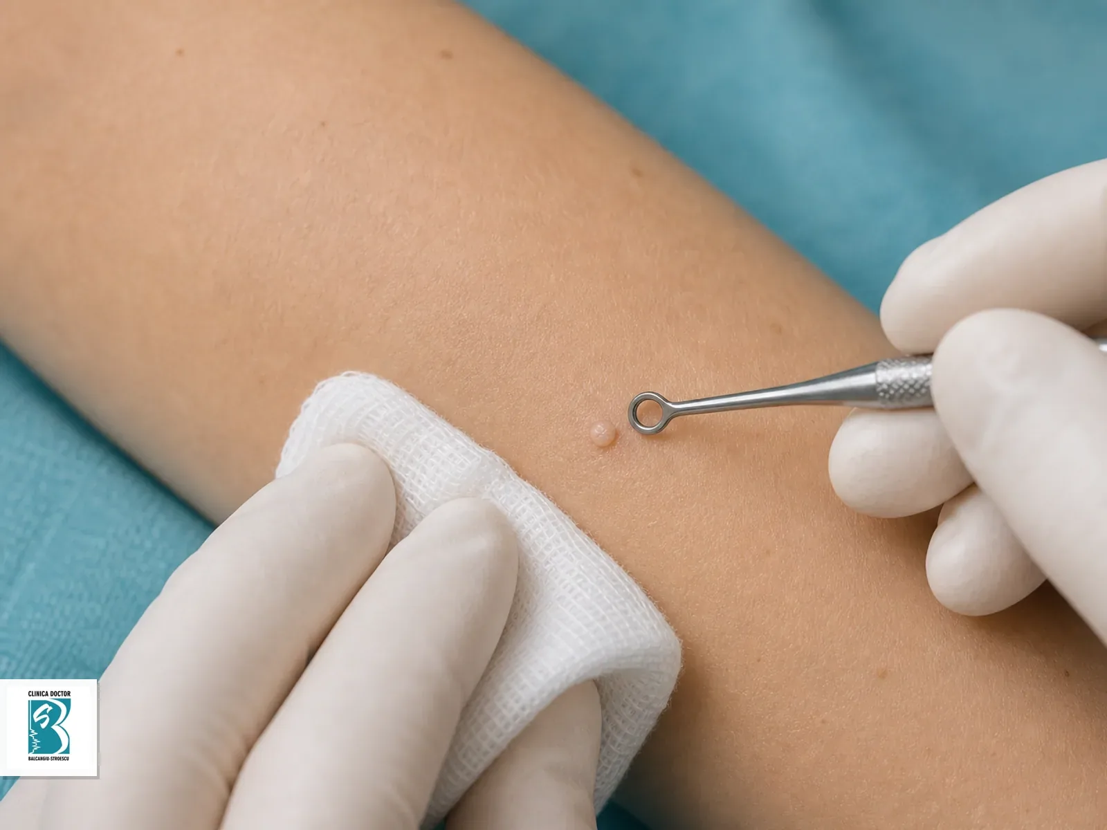 Chiuretare leziune cutanata Chiureta dermatologica pozitionata langa o leziune cutanata mica