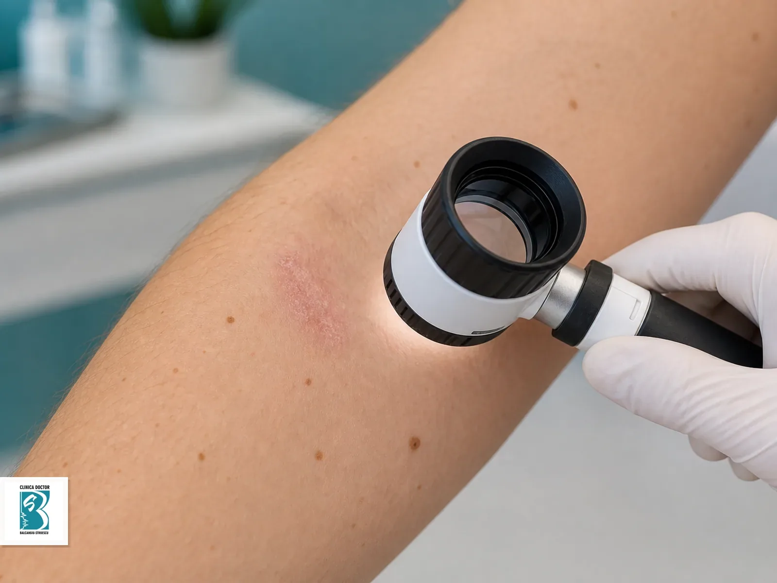 Dermatoscop folosit pentru evaluarea unei zone inflamate pe antebrat