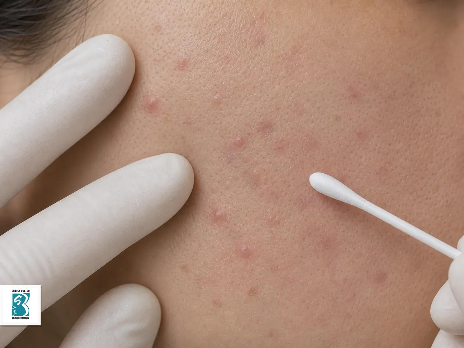 Consultatie medic specialist dermatologie Evaluare dermatologica de aproape a unor papule acneice pe obraz
