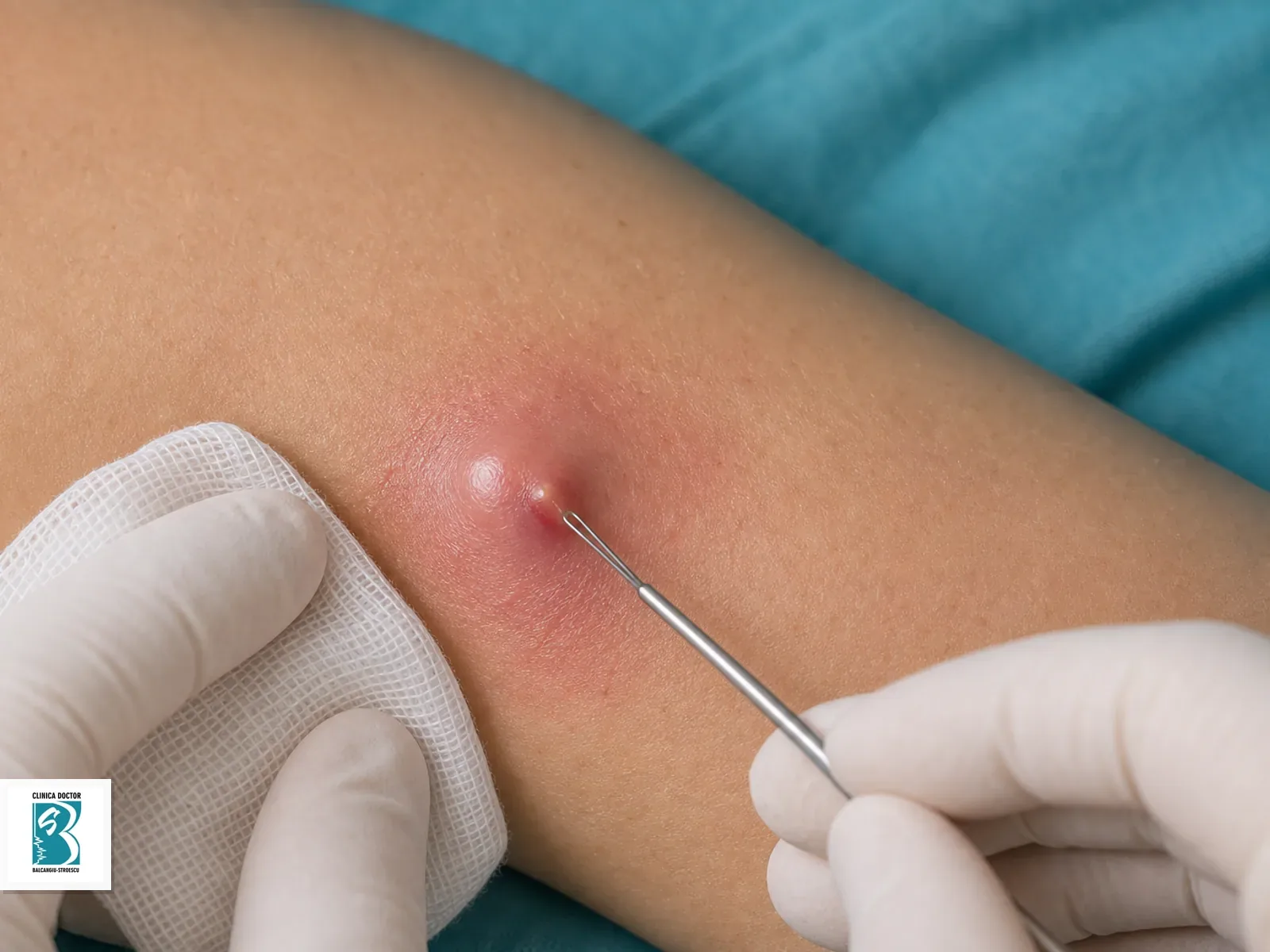 Drenaj chist suprainfectat sau furuncul Drenaj dermatologic controlat al unui chist inflamat sau furuncul