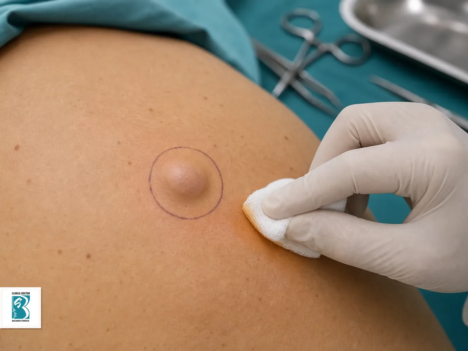 Chist sebaceu rotund pregatit pentru excizie dermatologica