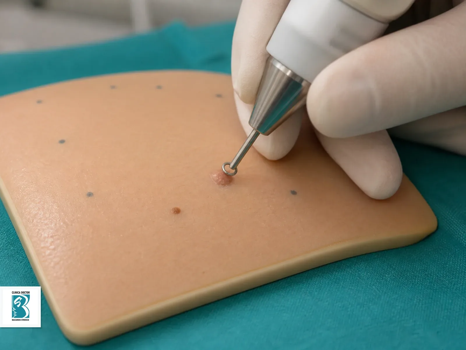 Tratament condiloame HPV cu laser - indepartare 1 leziune Tratament laser pentru condiloame HPV, reprezentare clinica non-explicita cu o leziune mica intr-un camp de tratament marcat clinic
