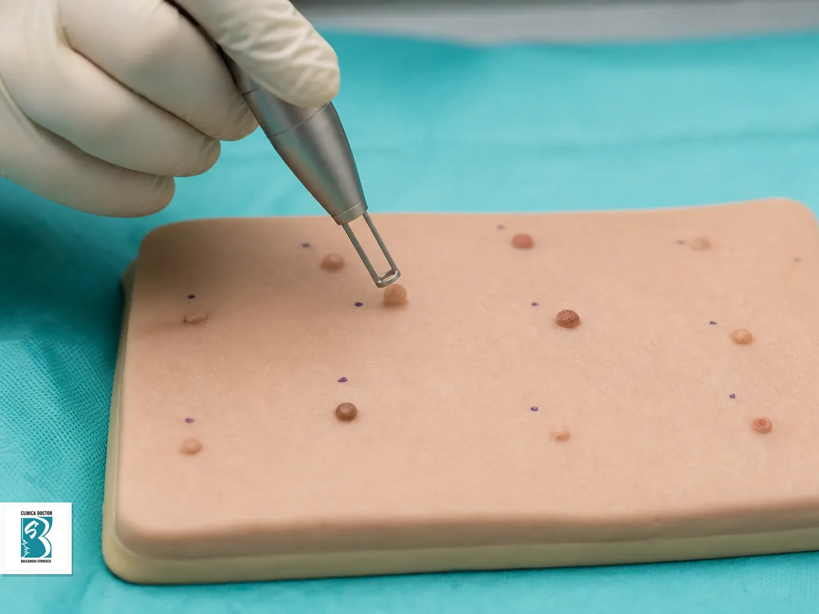 Tratament condiloame HPV cu laser - indepartare 8-12 leziuni Tratament laser pentru condiloame HPV, reprezentare clinica non-explicita cu mai multe leziuni mici intr-un camp de tratament marcat clinic