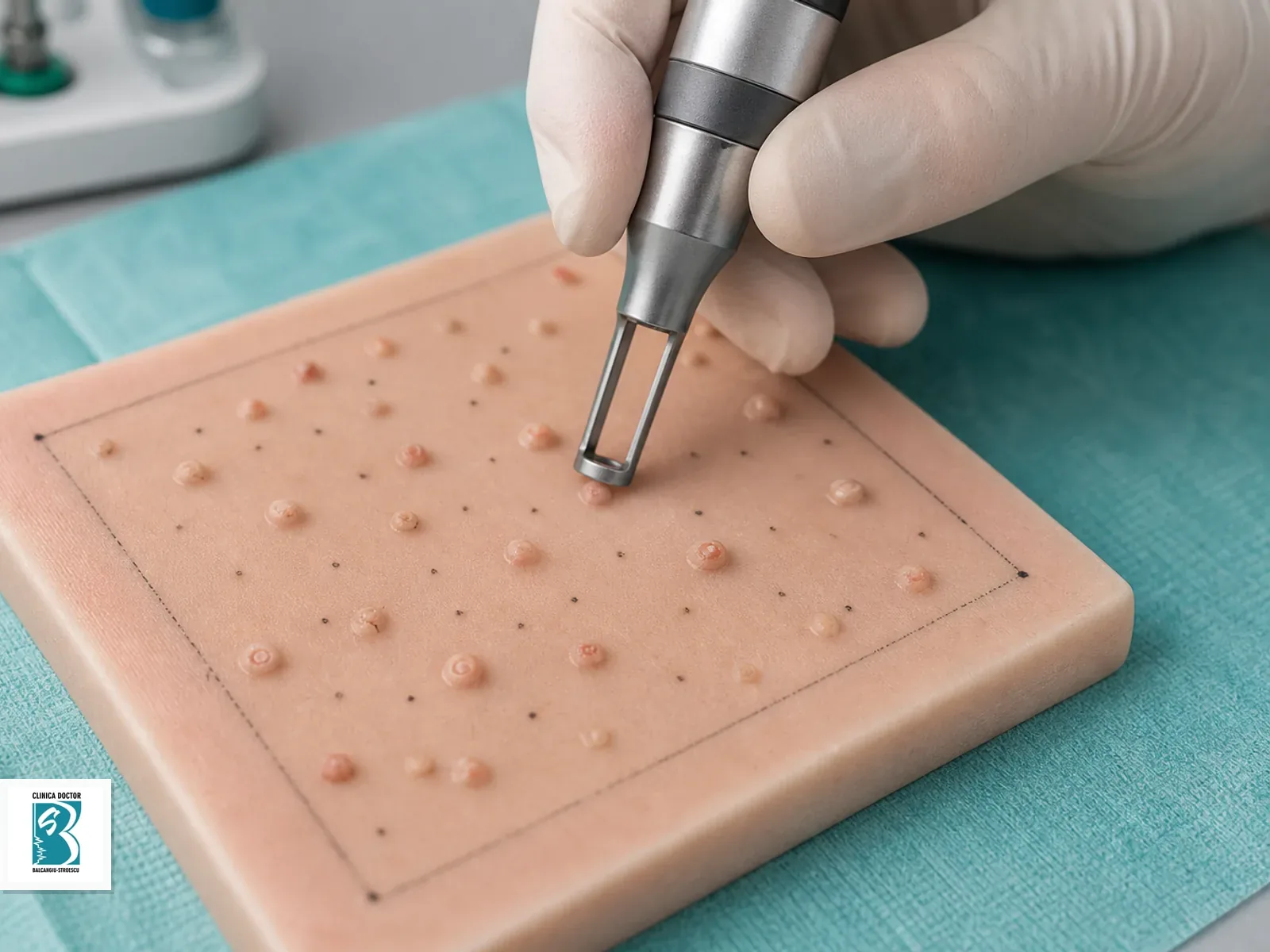 Tratament condiloame HPV cu laser - peste 15 leziuni (fotovaporizare completa) Tratament laser pentru condiloame HPV, reprezentare clinica non-explicita cu leziuni multiple pe un camp de tratament marcat clinic