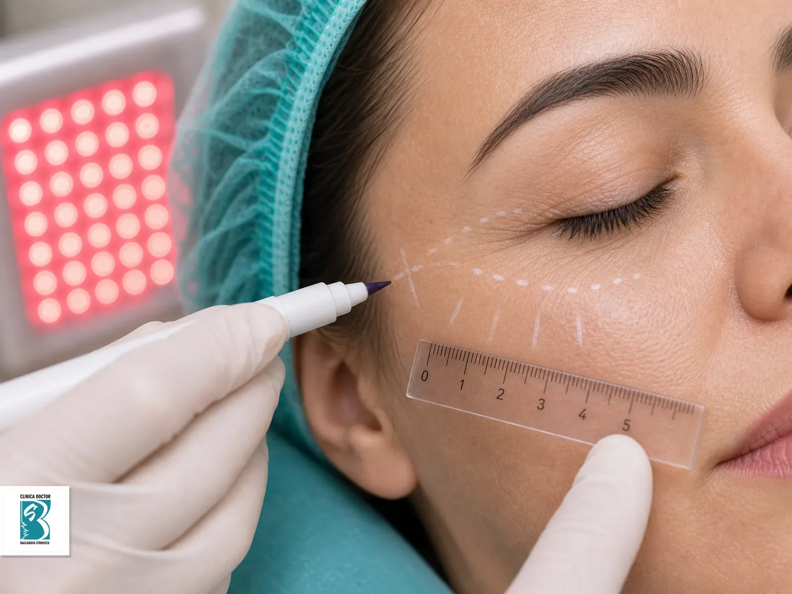 Blefaroplastie laser CO₂ superioară și inferioară + Exozomi + Terapie LED Celluma Planificare perioculară pentru Blefaroplastie laser CO₂ superioară și inferioară + Exozomi + Terapie LED Celluma, cu marcaje fine și instrumentar steril