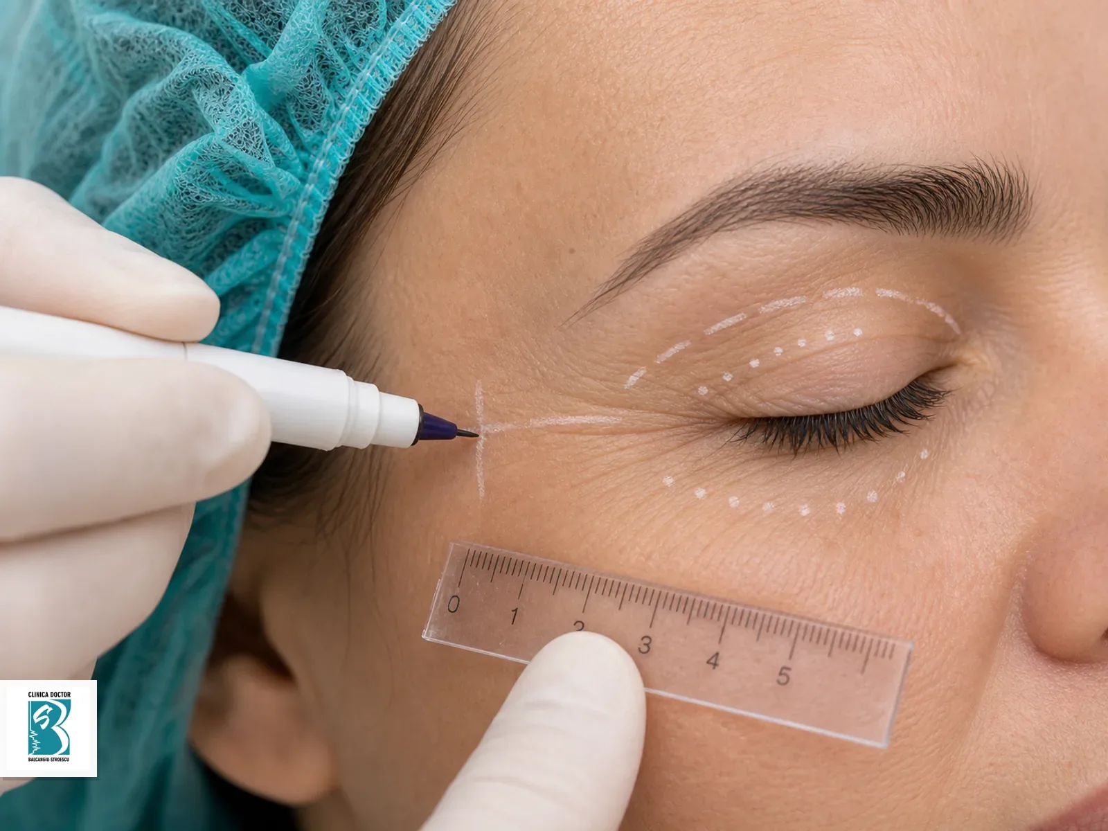 Planificare perioculară pentru Blefaroplastie laser CO₂ superioară și inferioară, cu marcaje fine și instrumentar steril