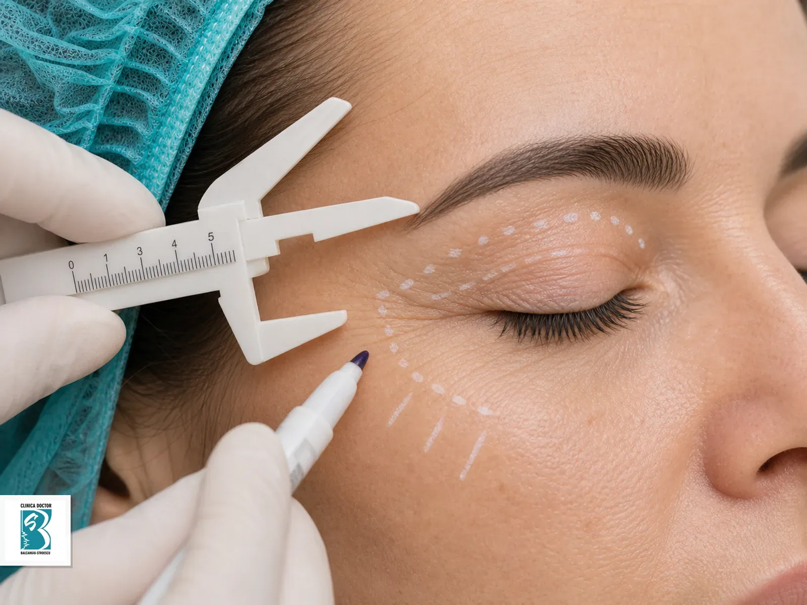 Blefaroplastie laser superioară și inferioară – Youlaser by Quanta (laser hibrid CO₂ + Erbium) Planificare perioculară pentru Blefaroplastie laser superioară și inferioară – Youlaser by Quanta (laser hibrid CO₂ + Erbium), cu marcaje fine și instrumentar steril