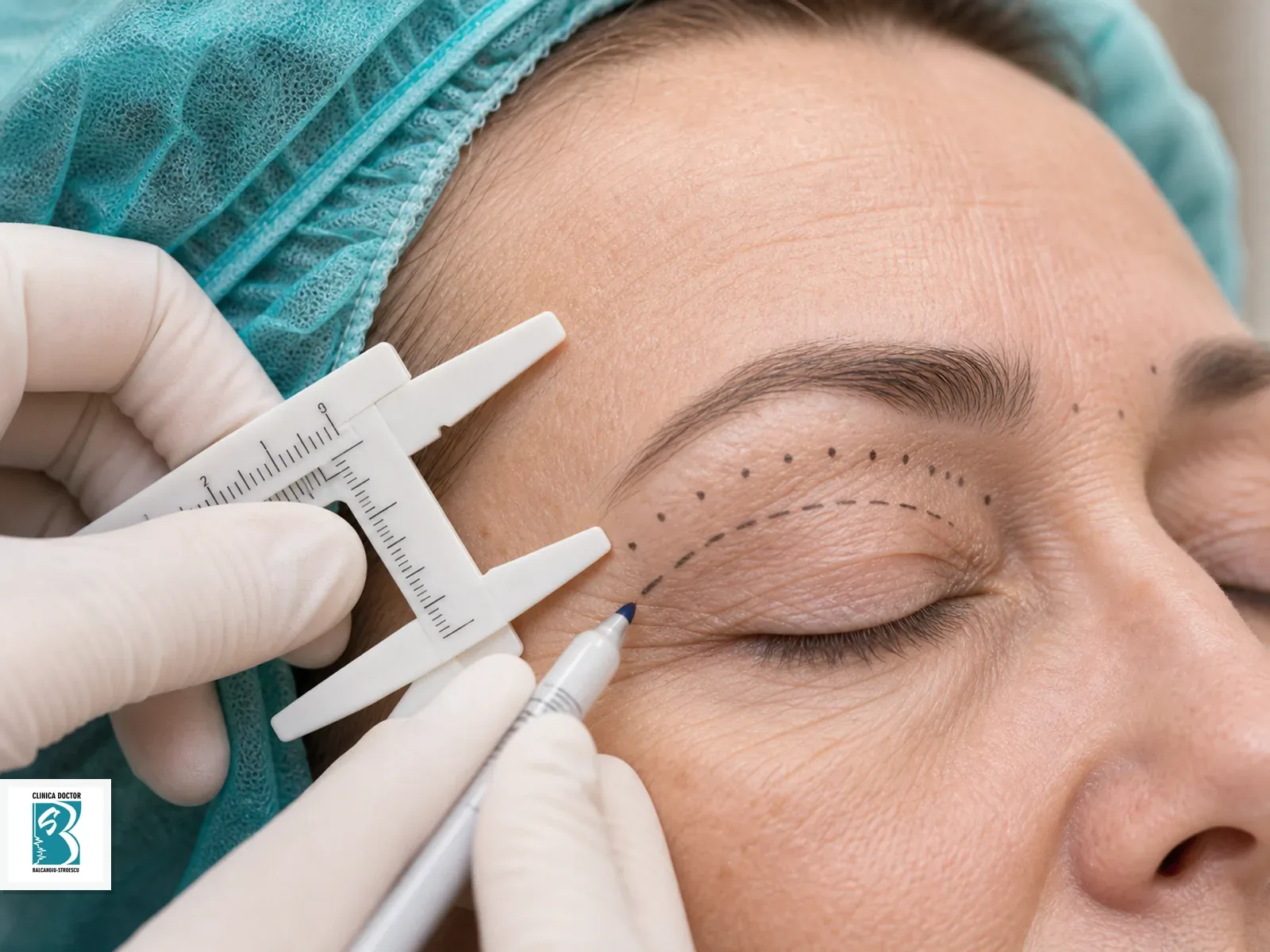 Blefaroplastie superioara cu anestezie locală - medic primar Planificare perioculară pentru Blefaroplastie superioara cu anestezie locală - medic primar, cu marcaje fine și instrumentar steril