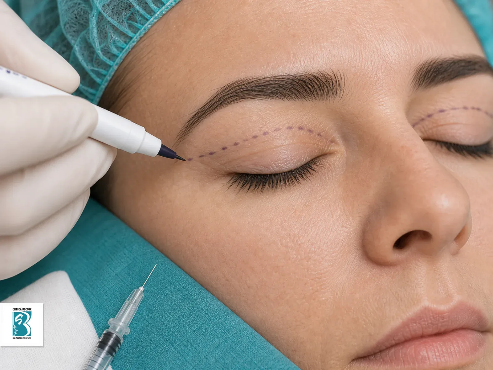 Blefaroplastie superioara cu anestezie locală - medic specialist Planificare perioculară pentru Blefaroplastie superioara cu anestezie locală - medic specialist, cu marcaje fine și instrumentar steril