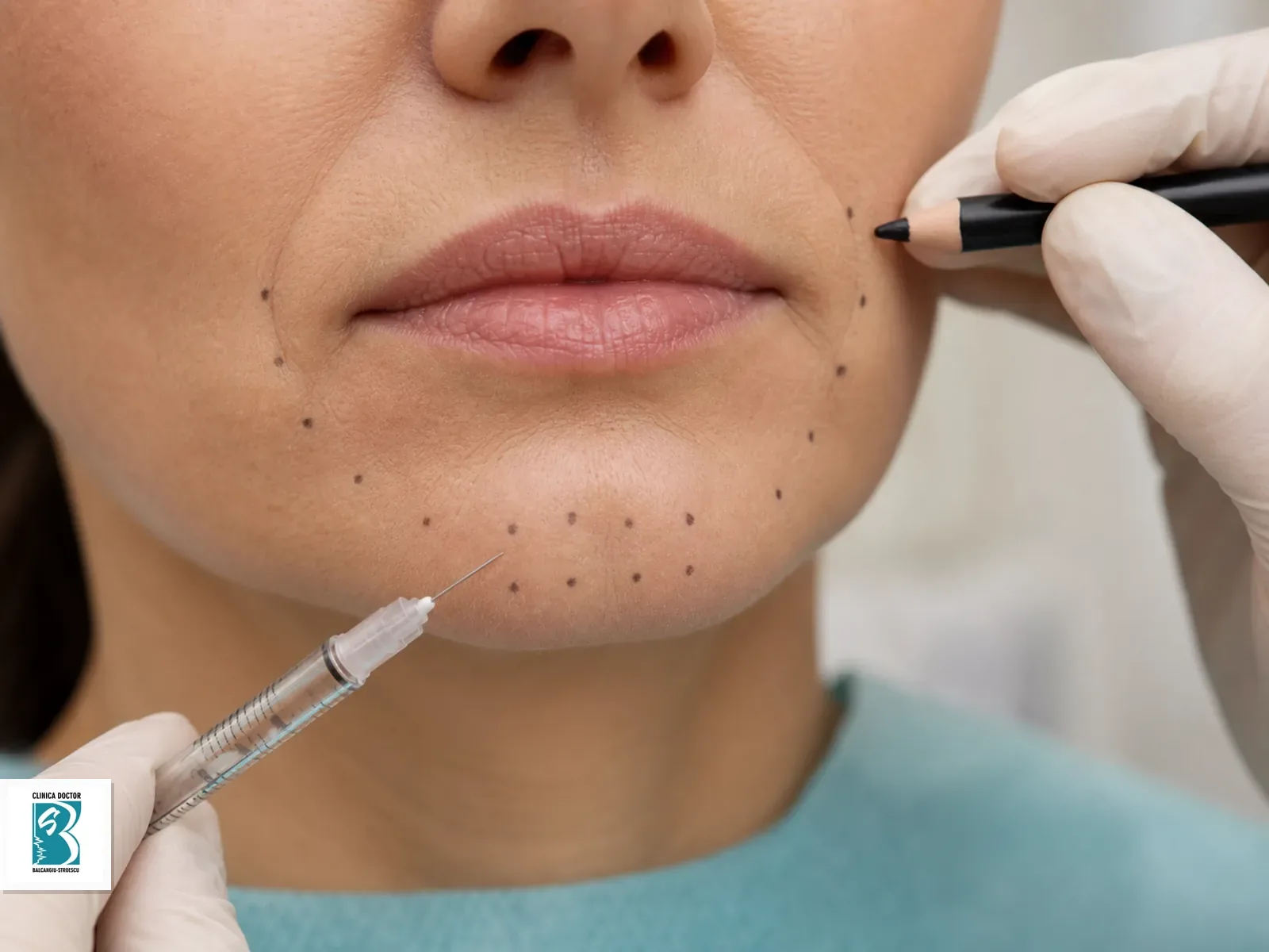 Tratament injectabil cu toxină botulinică pentru Botox Menton / Smoker Lines / DAO (colțurile gurii), cu puncte de tratament marcate