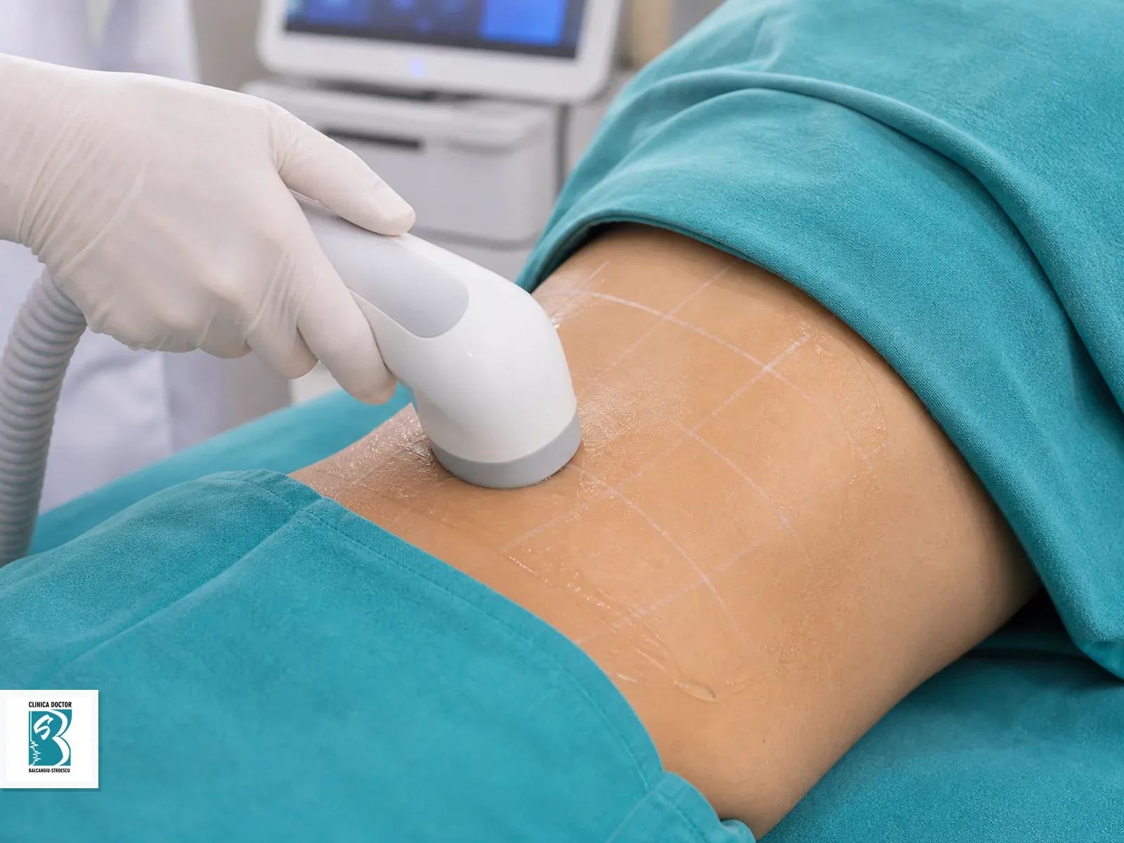 Emtone zona mare Aplicator Emtone pe o zona corporala mai mare, cu marcaj de tratament si gel clinic