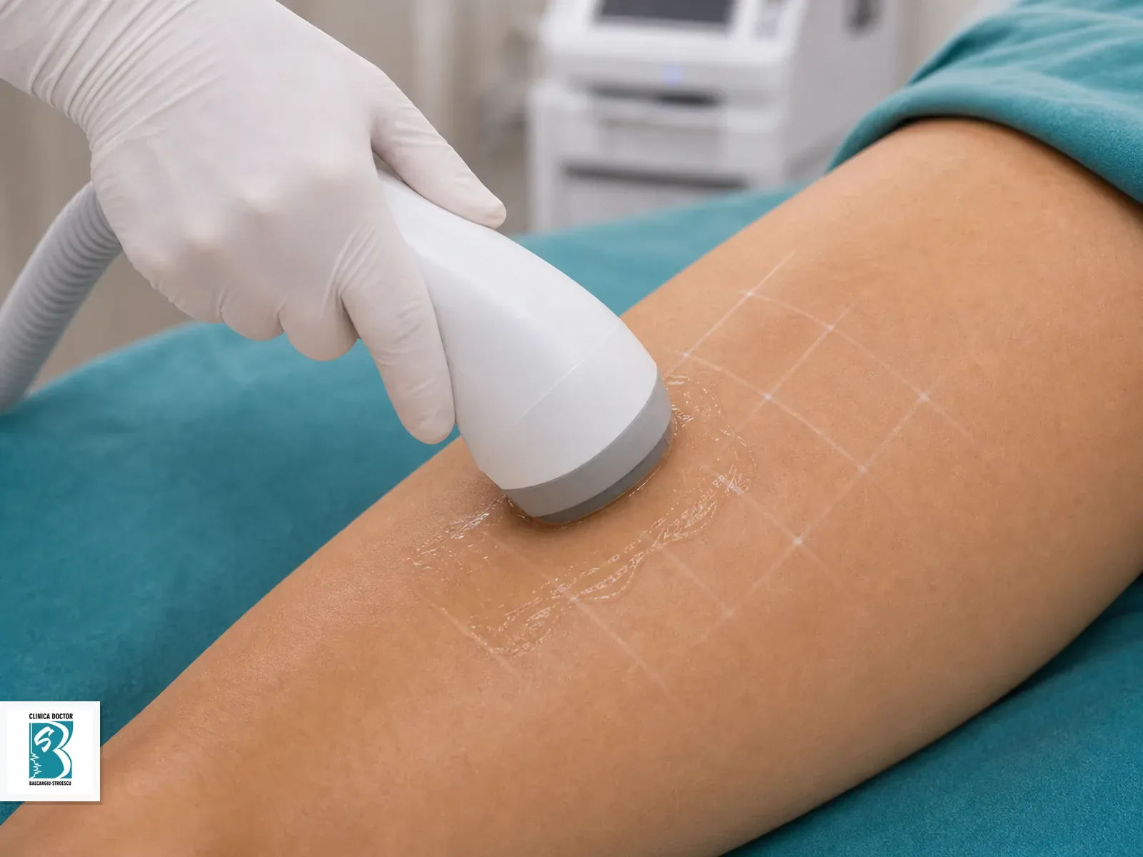 Emtone zona mica Aplicator Emtone pozitionat pe o zona mica de coapsa cu gel si marcaje clinice
