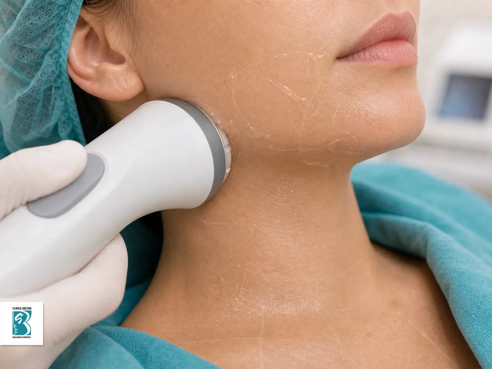 EXION radiofrecvență monopolară + ultrasunete – rejuvenare facială Aplicator medical pentru EXION radiofrecvență monopolară + ultrasunete – rejuvenare facială, poziționat pe zona corporală sau facială tratată