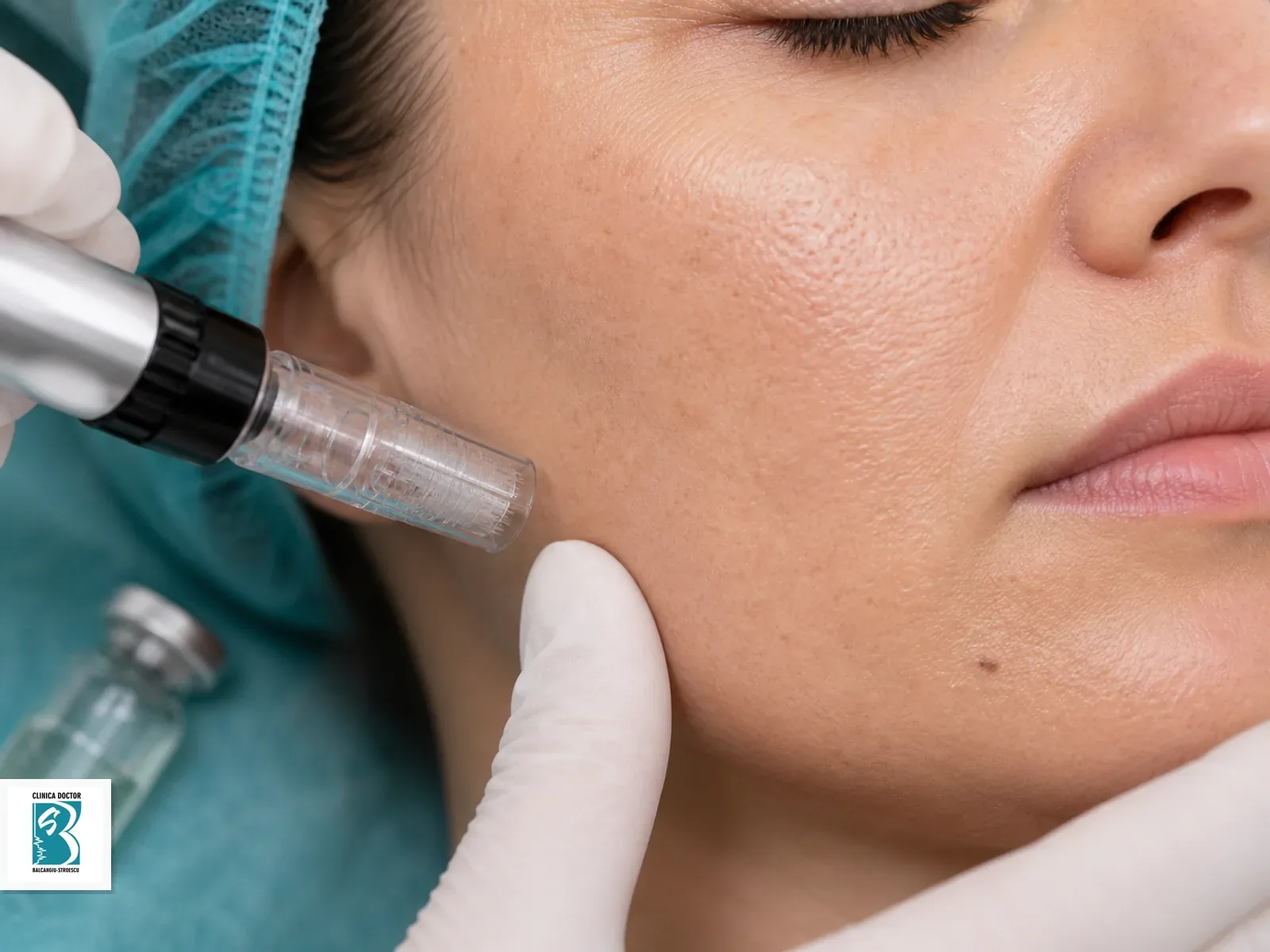 Microneedling Nanopore + mezoterapie – tratament textură, pori, hiperpigmentări Microneedling pentru Microneedling Nanopore + mezoterapie – tratament textură, pori, hiperpigmentări, cu piesă aplicatoare pe piele pregătită