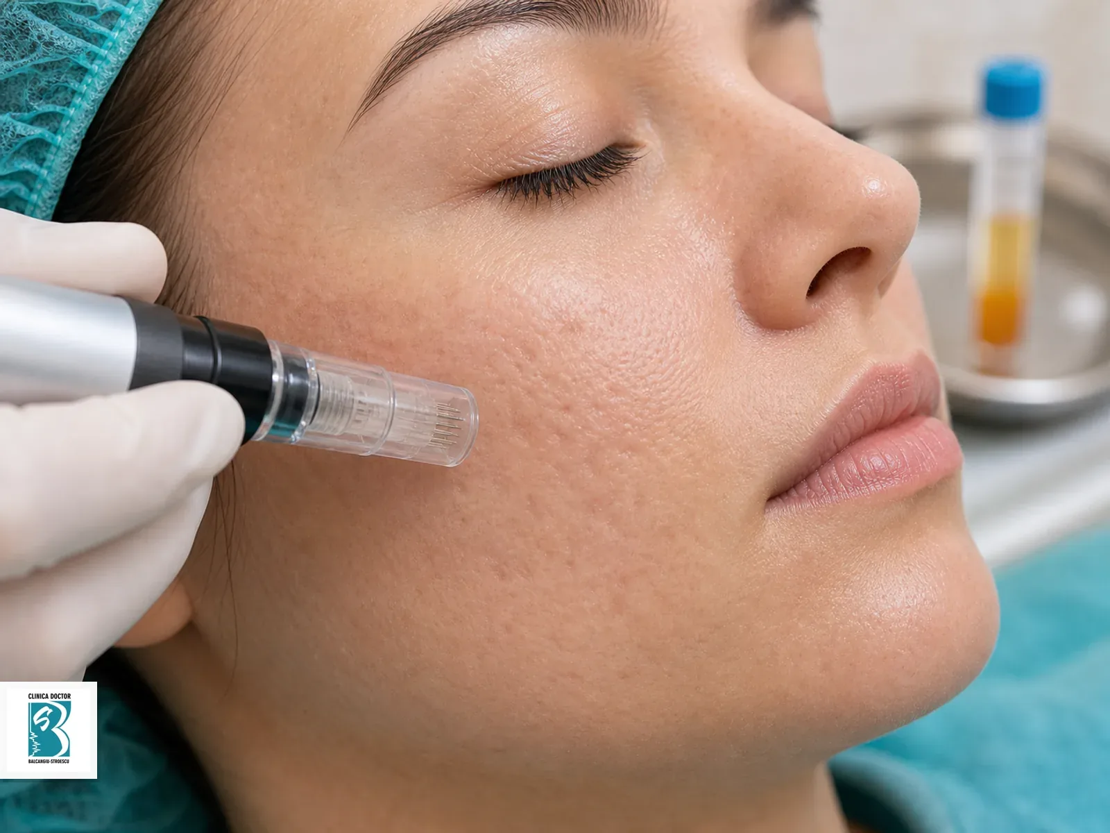 Microneedling Nanopore + PRP – regenerare și cicatrici post-acneice Microneedling pentru Microneedling Nanopore + PRP – regenerare și cicatrici post-acneice, cu piesă aplicatoare pe piele pregătită