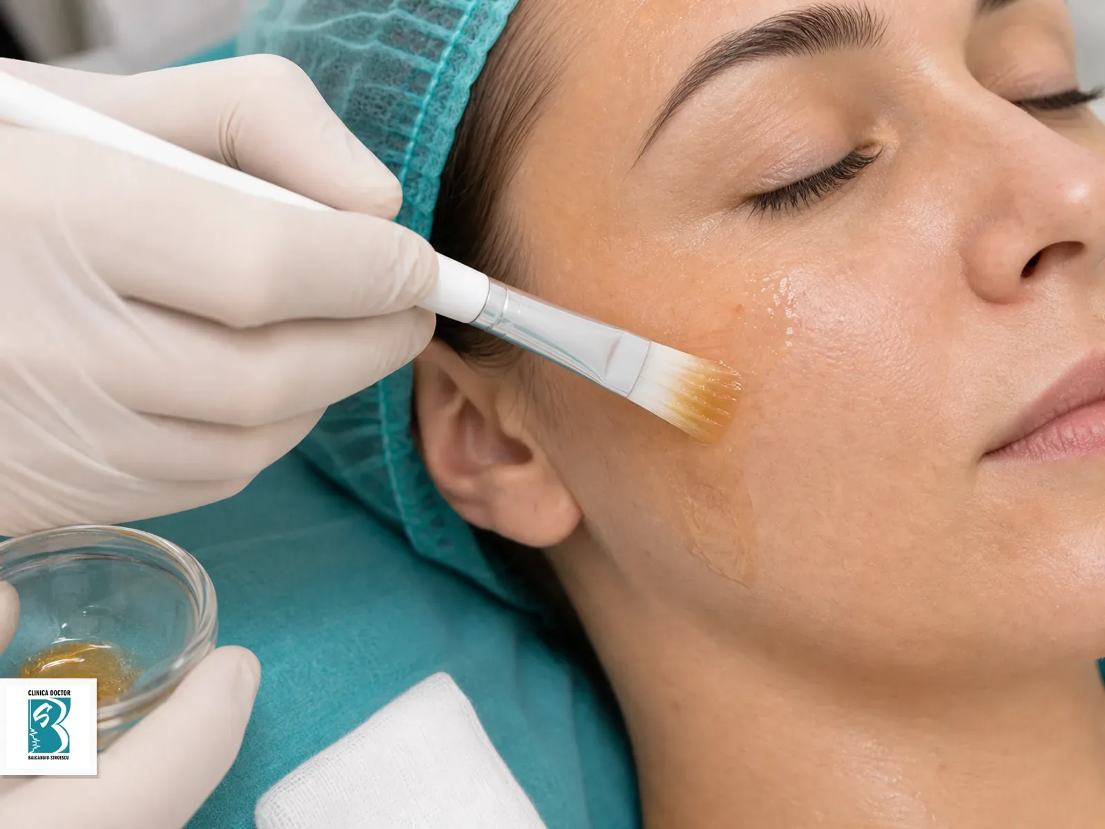 Aplicare de peeling chimic profesional Urgo Retix.C pe obraz cu pensula medicala