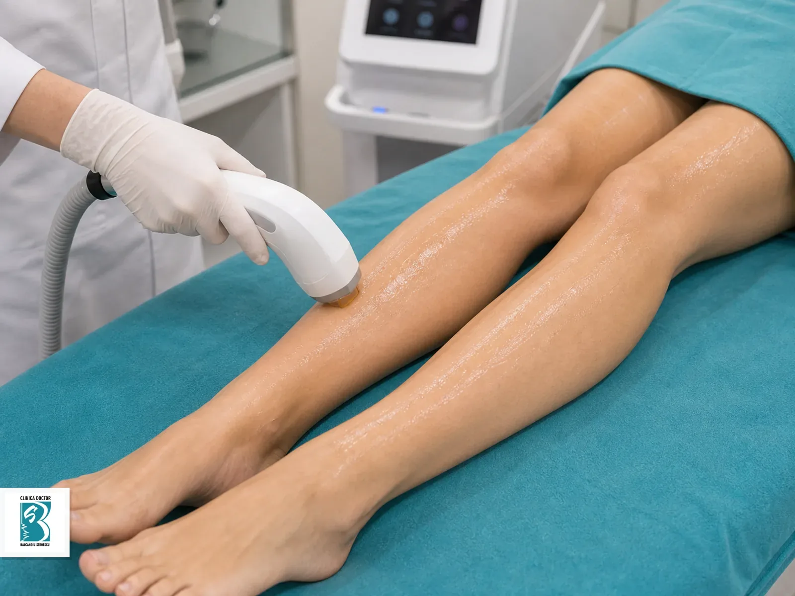 Epilare laser pe picioare full, cu ambele picioare aliniate natural pe masa de tratament