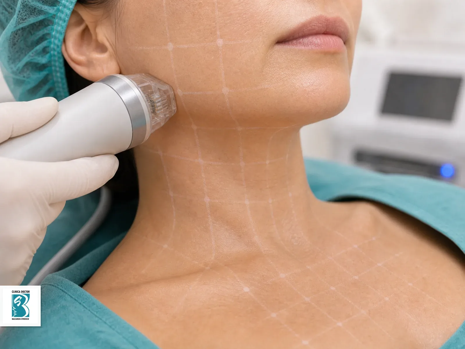 Radiofrecvență fracționată Ashley – Față, Gât și Decolteu Aplicator medical pentru Radiofrecvență fracționată Ashley – Față, Gât și Decolteu, poziționat pe zona corporală sau facială tratată