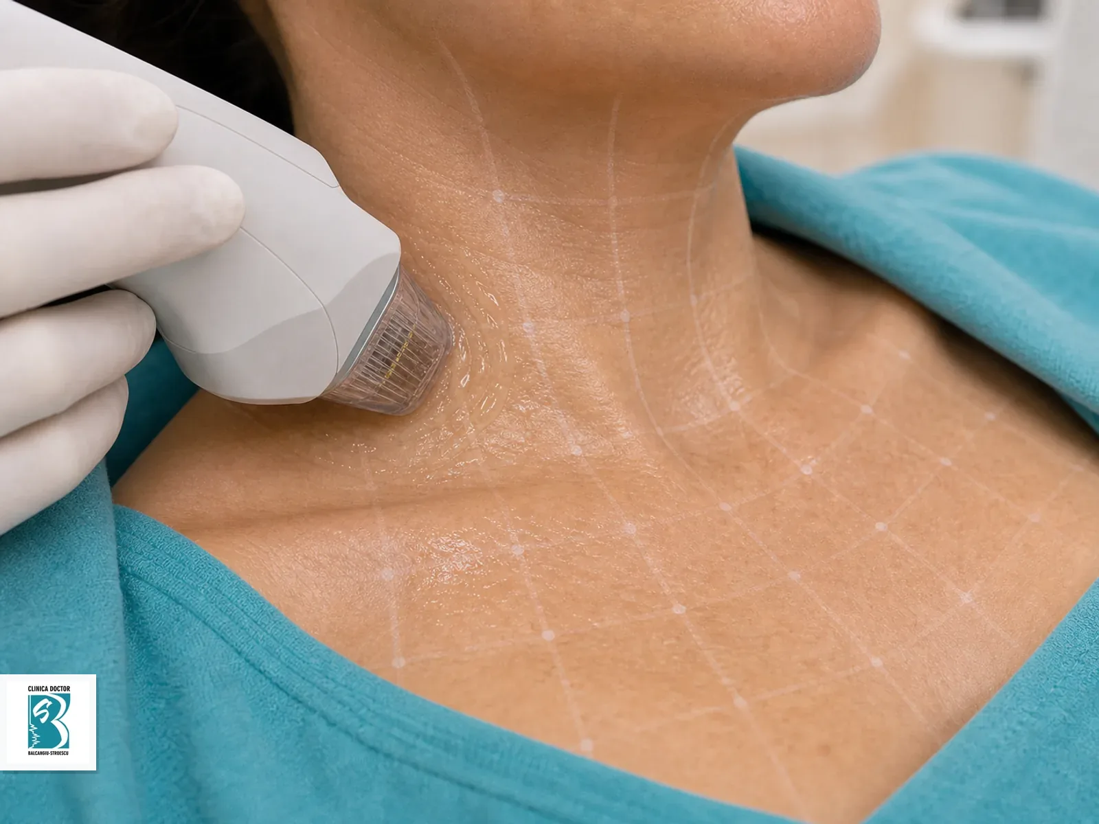 Radiofrecvență fracționată Ashley gât și decolteu – Rejuvenare piele Aplicator medical pentru Radiofrecvență fracționată Ashley gât și decolteu – Rejuvenare piele, poziționat pe zona corporală sau facială tratată