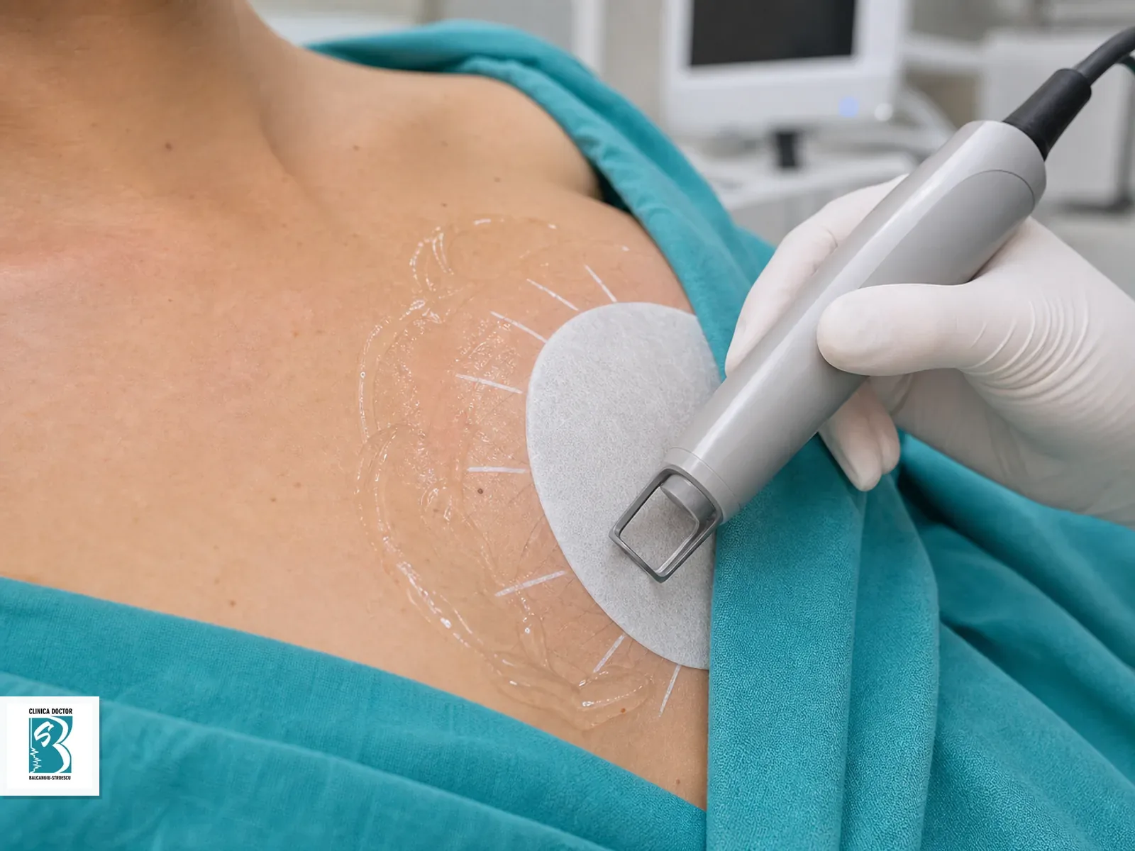 Sani perimamelonar Epilare laser perimamelonara cu cover medical opac si aplicator pozitionat pe zona sanilor